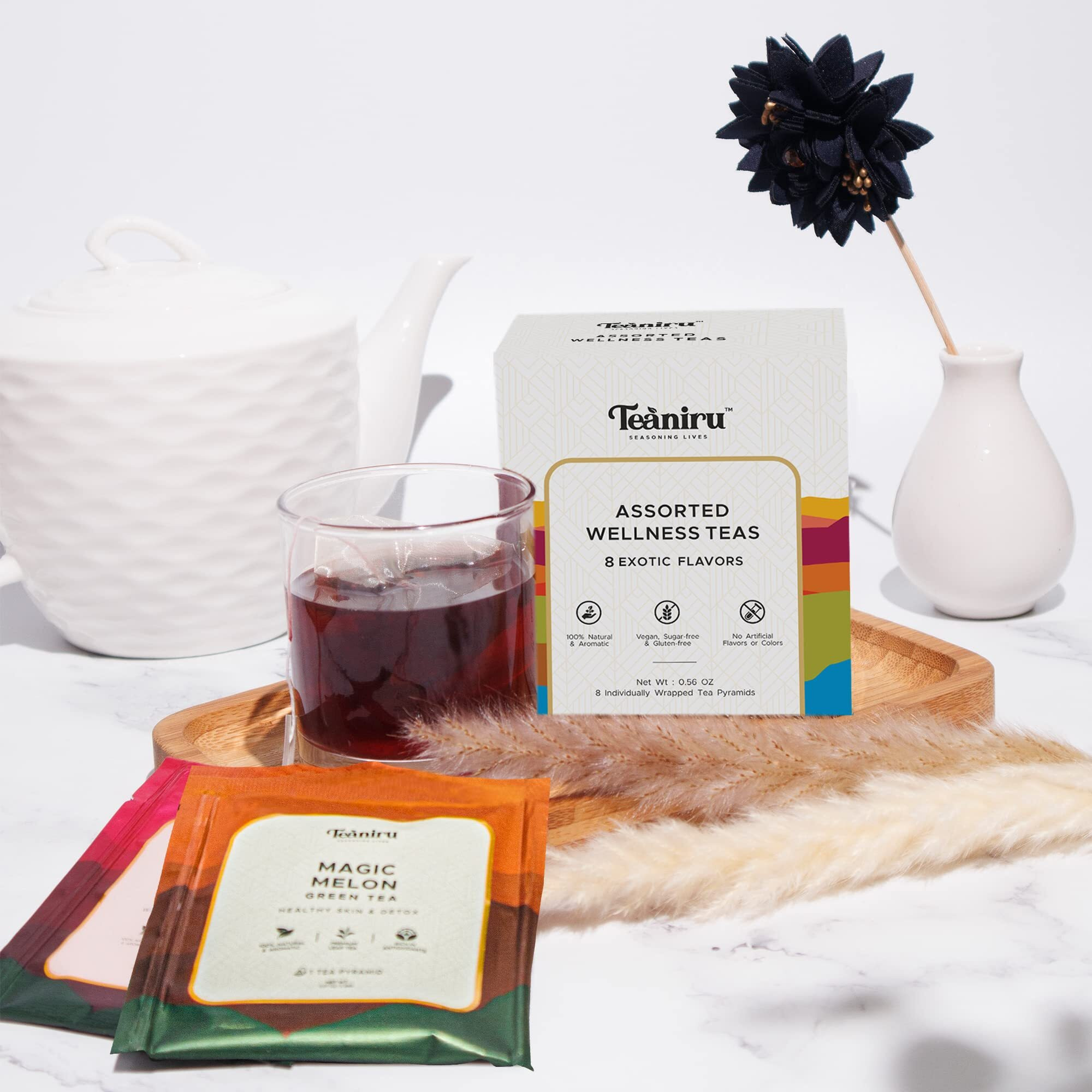 Teaniru, Assorted Tea Sampler Pack - 8 Exotic Wellness Flavors | Individually Wrapped In Pyramid Tea Bags | 100% Natural Ingredients - Pure Leaf Tea | Tea Variety Pack
