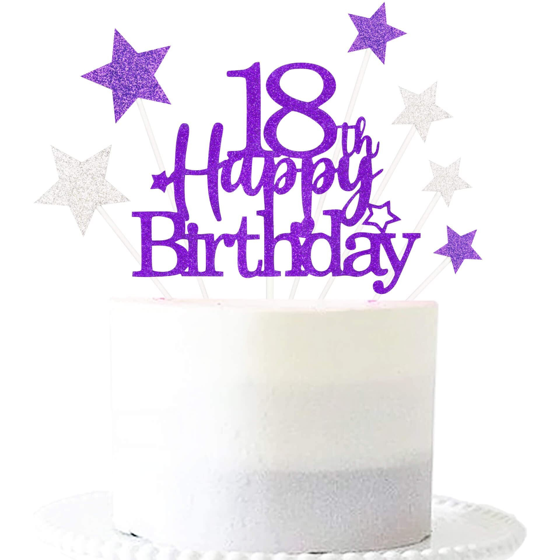 Glittery 18Th Happy Birthday Cake Topper With Star,Personalised 18 Birthday Cake Toppers Party Decorations Party Supplies For Boys Girls Purple Silver