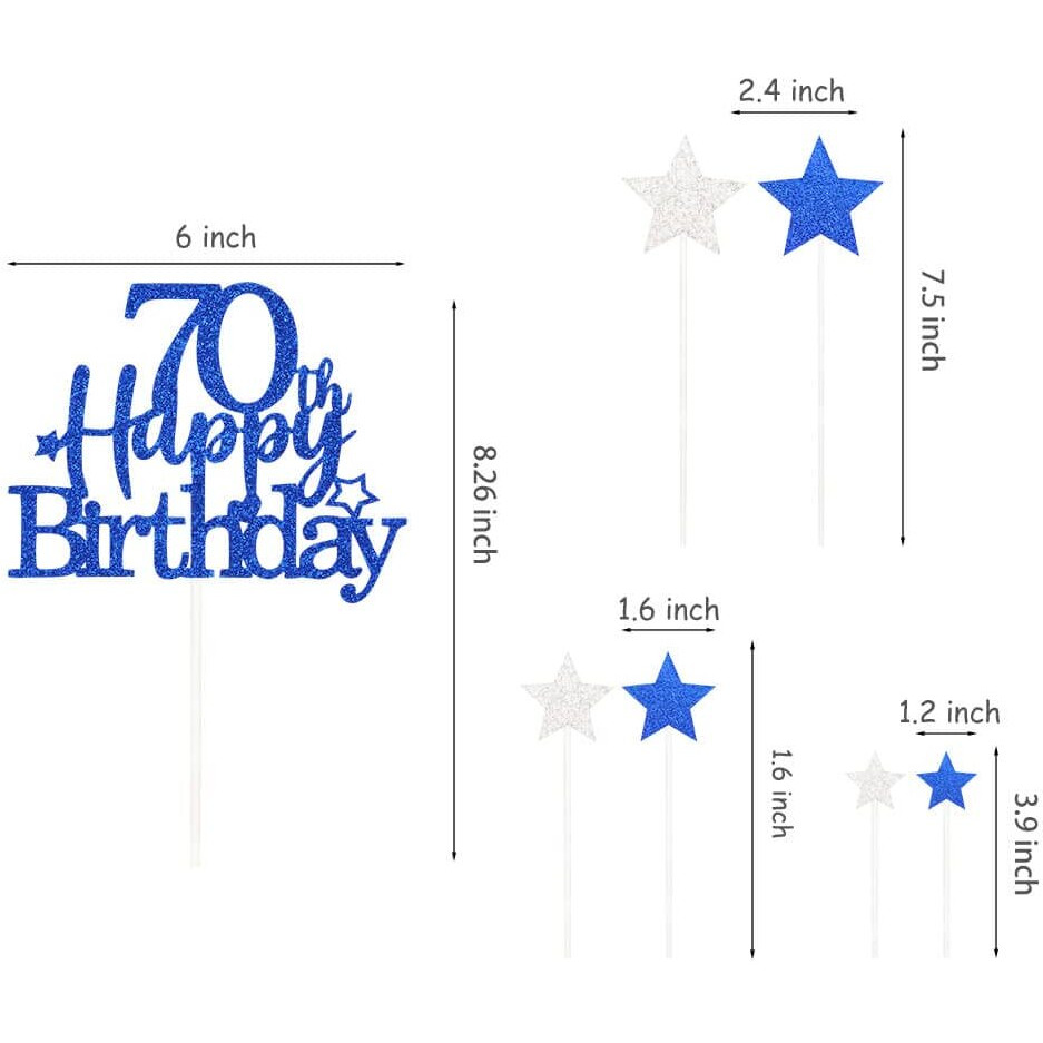 Pargleev Glittery 70Th Happy Birthday Cake Topper With Star,Personalised 70 Birthday Cake Toppers Party Decorations Party Supplies For Men Women Blue