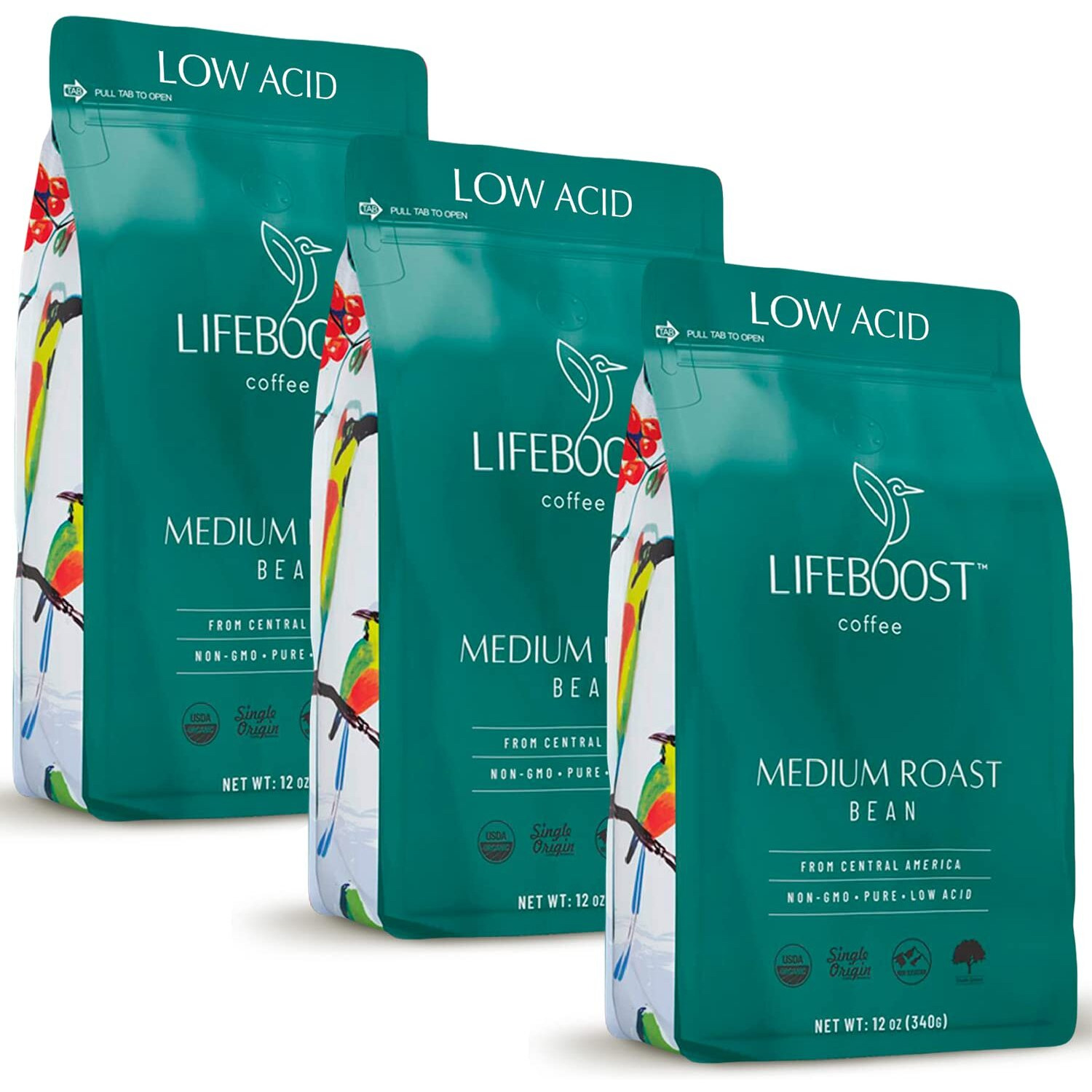 Lifeboost Coffee 3 Pack Medium Roast Whole Bean Coffee - Low Acid Single Origin Usda Organic Coffee - Non-Gmo Whole Beans Coffee Third Party Tested For Mycotoxins & Pesticides - 12 Ounces