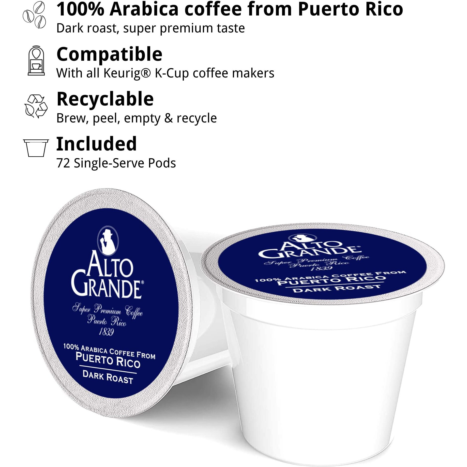 Alto Grande Ground Dark Roast Arabica Coffee Single-Serve Pods, 72 Count, Compatible With Keurig K Cup Brewers
