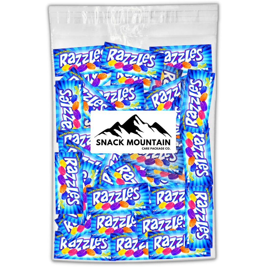 Snack Mountain Razzle Gum Candy, Retro Candy Gum In Bulk, 2-Piece Individually Wrapped Vintage Candy, Bulk Gum, Gum Pack, Variety Flavors Grape, Tangerine, Orange Gum, Blue Raspberry Gum 60S Candy, 60 Pack