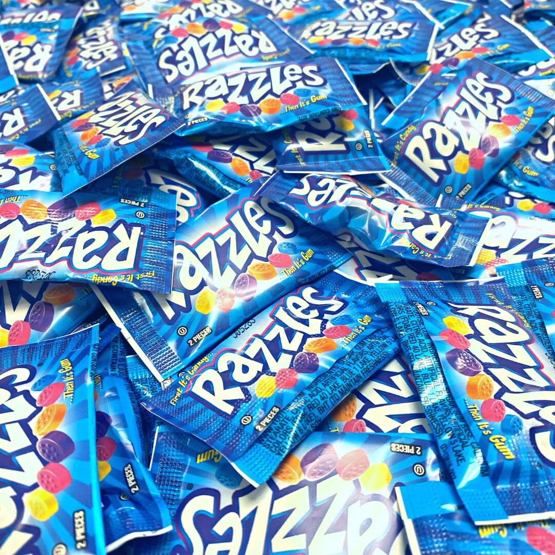 Snack Mountain Razzle Gum Candy, Retro Candy Gum In Bulk, 2-Piece Individually Wrapped Vintage Candy, Bulk Gum, Gum Pack, Variety Flavors Grape, Tangerine, Orange Gum, Blue Raspberry Gum 60S Candy, 60 Pack