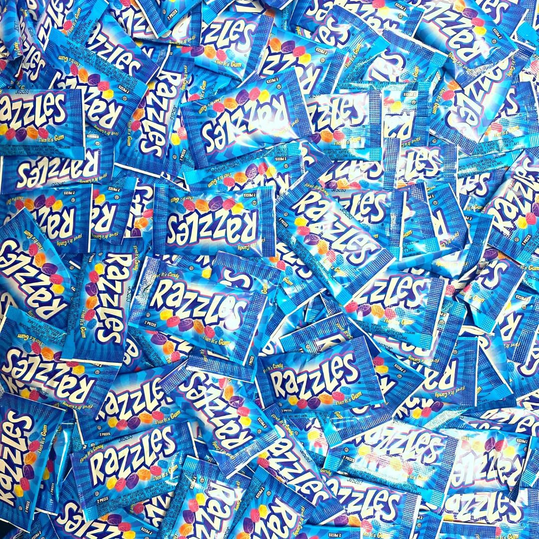 Snack Mountain Razzle Gum Candy, Retro Candy Gum In Bulk, 2-Piece Individually Wrapped Vintage Candy, Bulk Gum, Gum Pack, Variety Flavors Grape, Tangerine, Orange Gum, Blue Raspberry Gum 60S Candy, 60 Pack