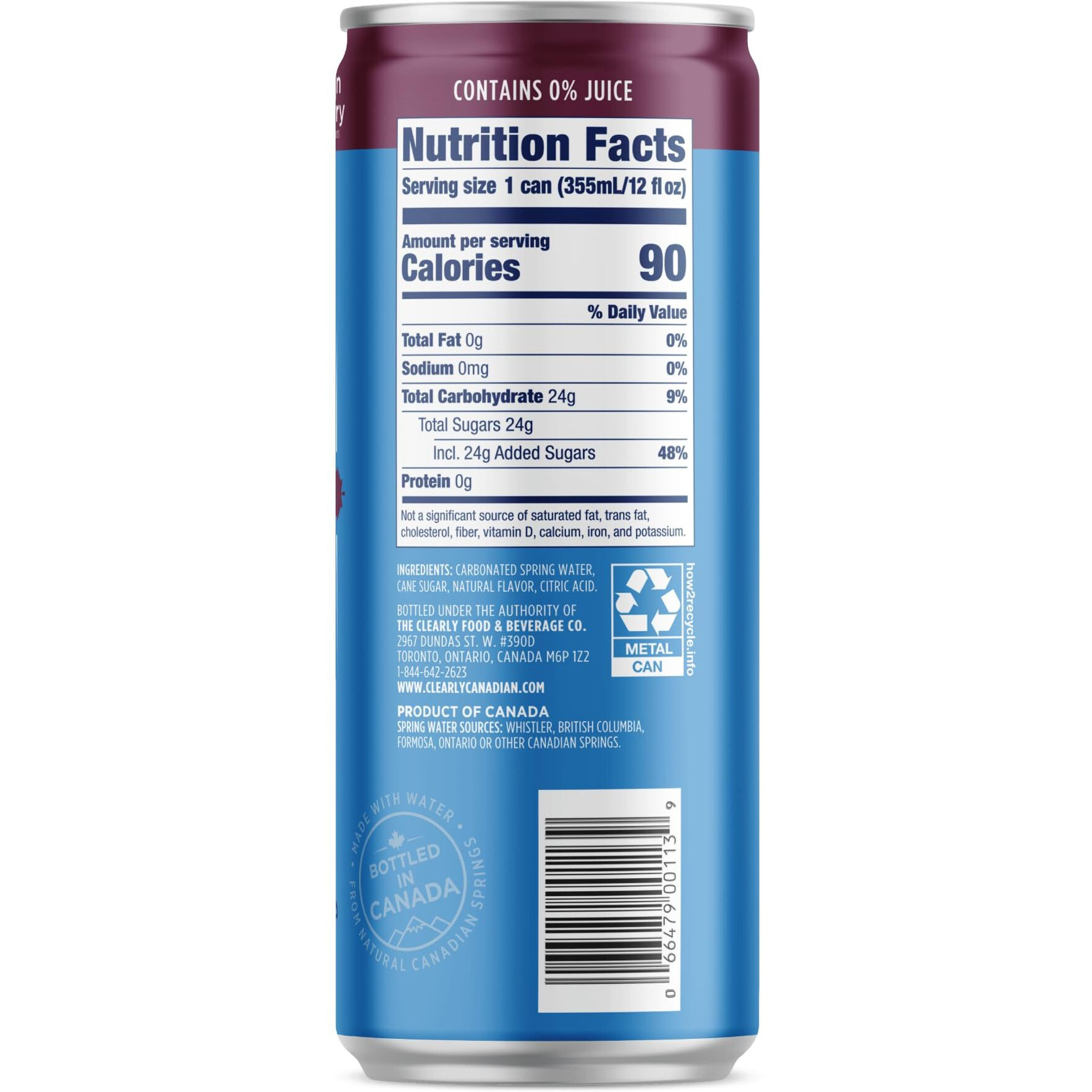 Clearly Canadian Mountain Blackberry Sparkling Spring Water Beverage, Natural & Carbonated, Flavored Seltzer Water, 1 Case (24 Cans X 12 Fl Oz)