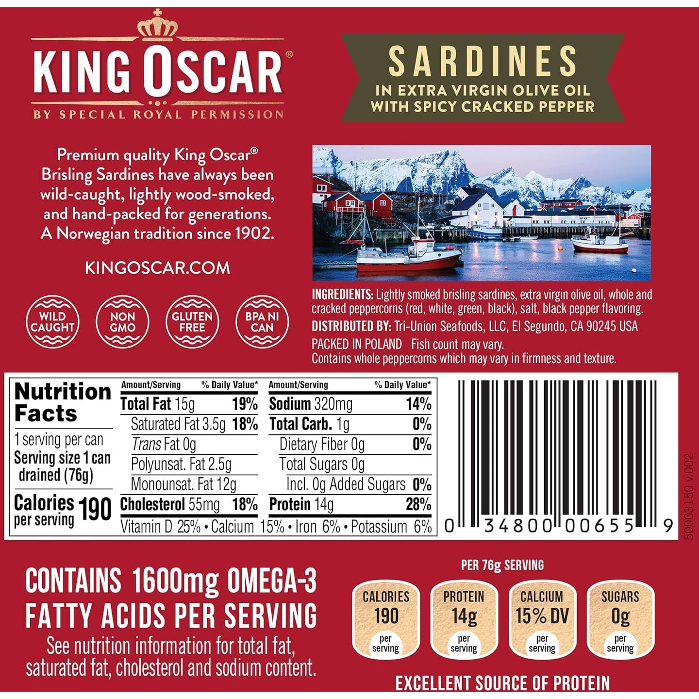 King Oscar Brisling Sardines In Extra Virgin Olive Oil, Spicy Cracked Pepper, 3.75-Ounce Cans (Pack Of 12)