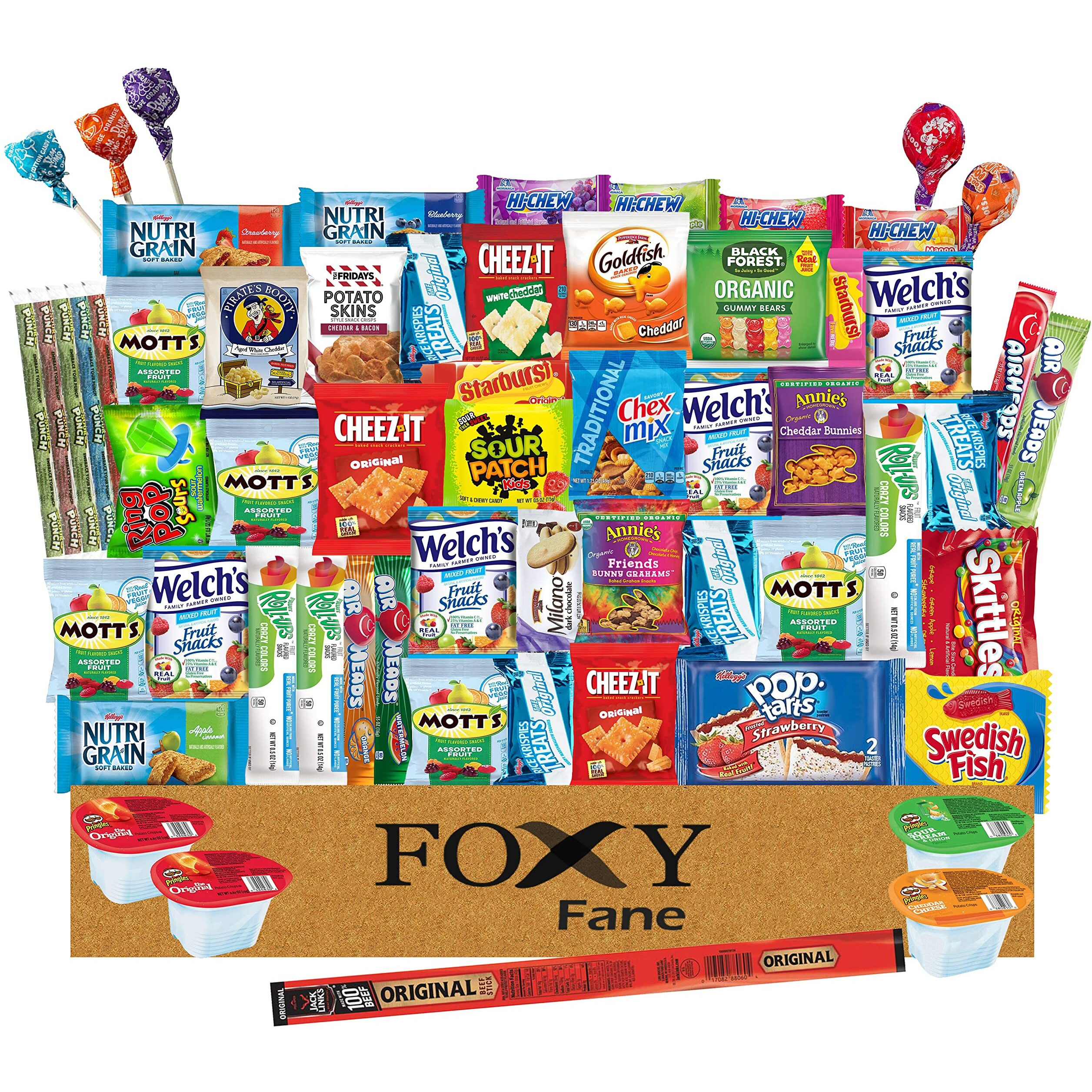 Foxy Fane 60 Count Ultimate Holiday Gift Snack Box - Care Package With Assortment Of Chips, Cookies, Candy, Crackers & Other Snacks - Bulk Bundle Of Delicious Treats (60 Snacks - Assorted Pack)