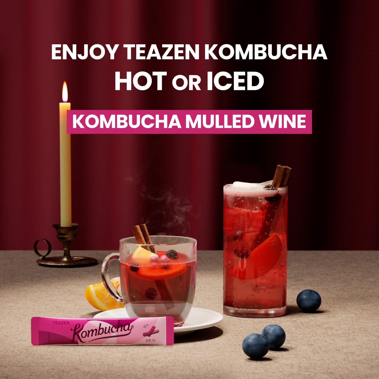 Teazen Mulled Wine Kombucha Tea, Spice Tea, Live Probiotics & Postbiotics, Relaxation And Warmth For Colds And Sore Throat, Electrolyte & Hydration Drink Mix, Sugar Free, 10 Sticks, 1.76Oz