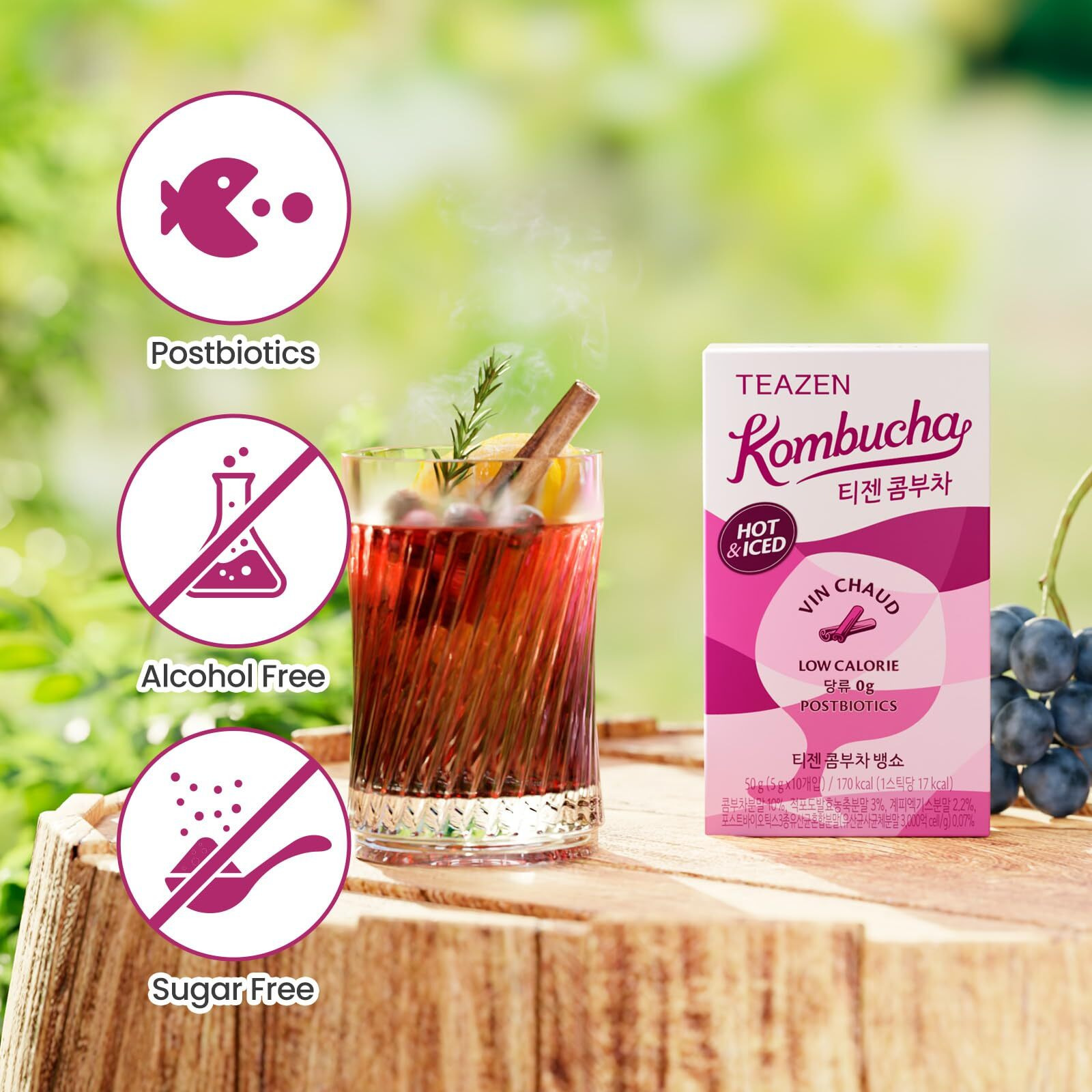 Teazen Mulled Wine Kombucha Tea, Spice Tea, Live Probiotics & Postbiotics, Relaxation And Warmth For Colds And Sore Throat, Electrolyte & Hydration Drink Mix, Sugar Free, 10 Sticks, 1.76Oz