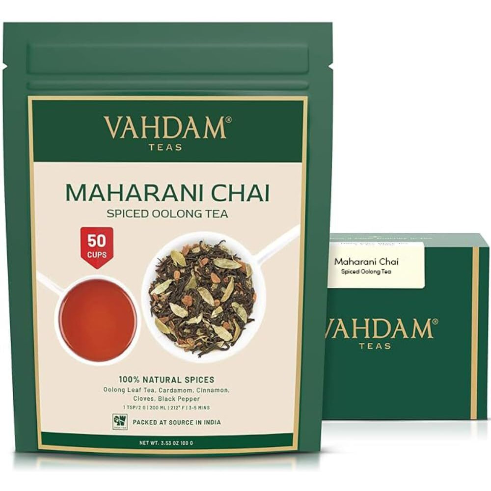 Vahdam, Maharani Chai Oolong Tea (50+ Cups, 3.5 Oz) Indian Masala Chai Tea Loose Leaf | Blended W/Cardamom, Cinnamon, Clove, Black Pepper | Brew Hot Tea, Iced Tea Or Chai Latte | Vacuum Sealed Pack