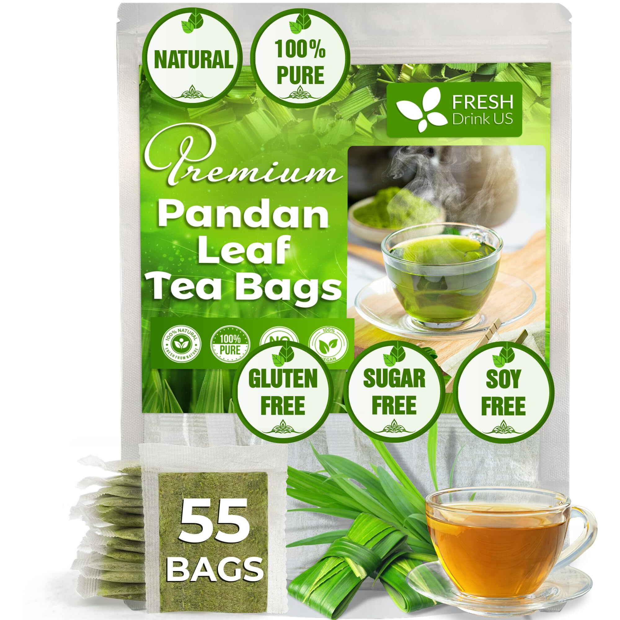Freshdrinkus, Premium 55 Pandan Leaf Tea Bags, 100% Natural & Pure From Pandan Leaves. Loose Leaf Pandan Herbal Tea. Made With Natural Material Tea Bags. No Sugar, No Caffeine, No Gluten, Vegan.