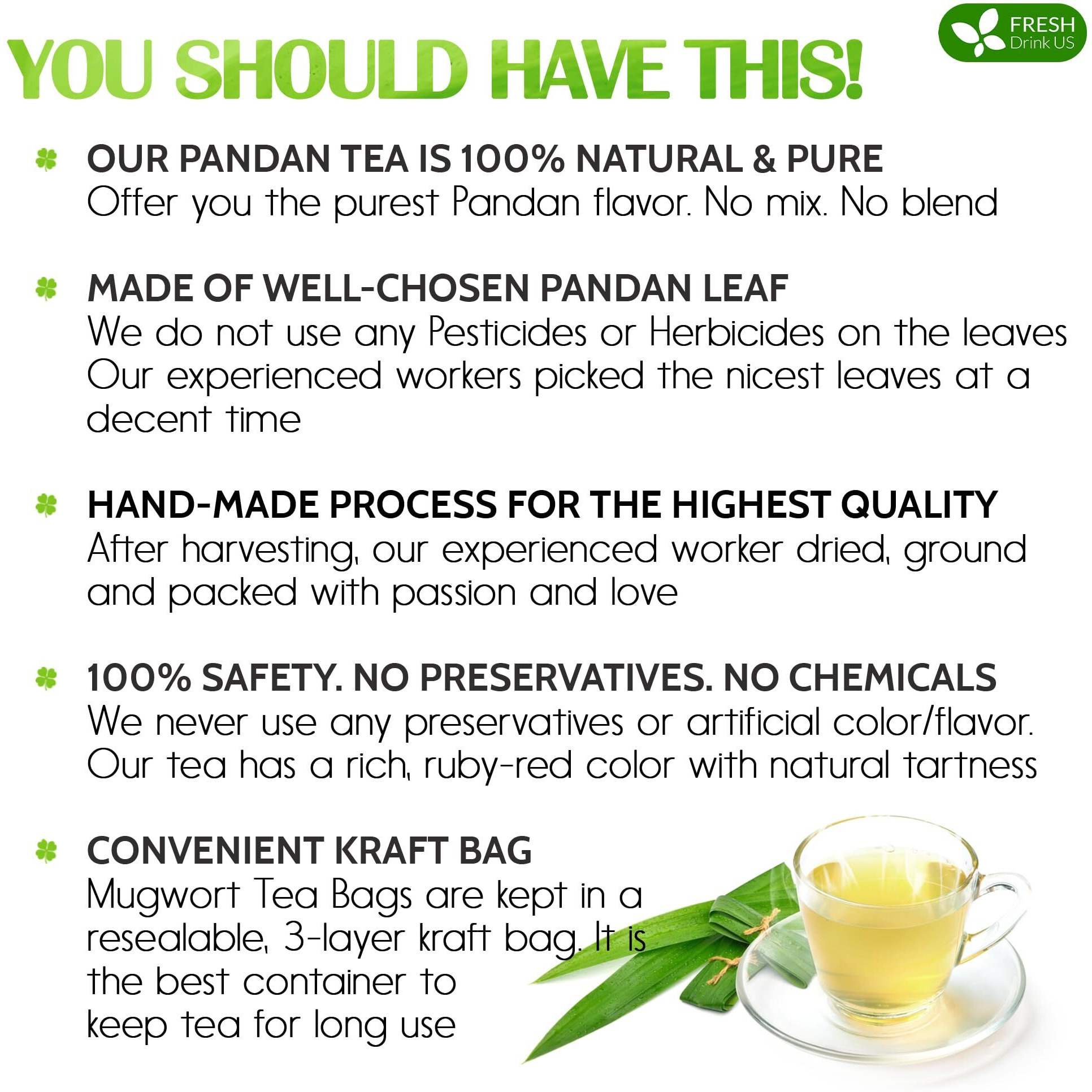 Freshdrinkus, Premium 55 Pandan Leaf Tea Bags, 100% Natural & Pure From Pandan Leaves. Loose Leaf Pandan Herbal Tea. Made With Natural Material Tea Bags. No Sugar, No Caffeine, No Gluten, Vegan.