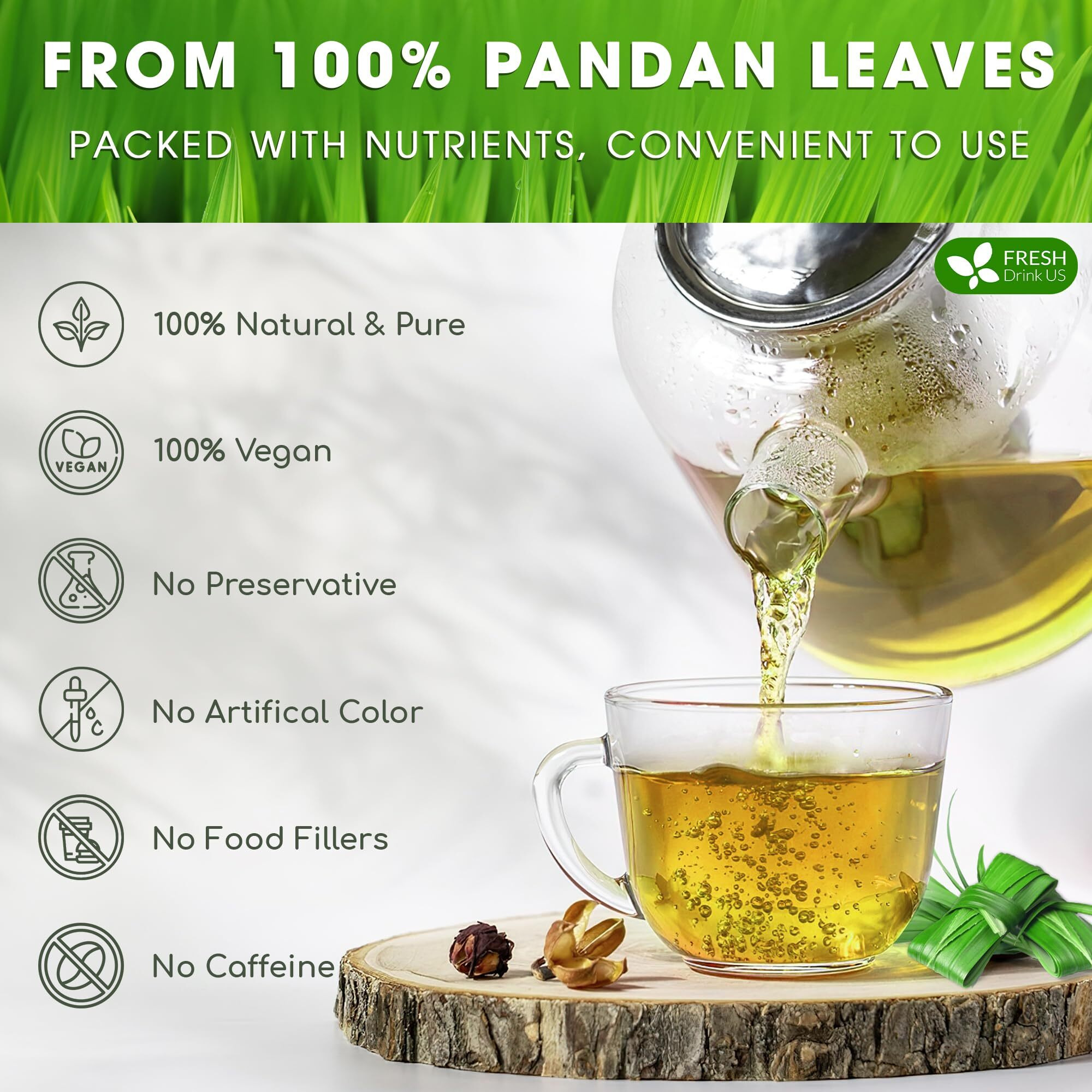 Freshdrinkus, Premium 55 Pandan Leaf Tea Bags, 100% Natural & Pure From Pandan Leaves. Loose Leaf Pandan Herbal Tea. Made With Natural Material Tea Bags. No Sugar, No Caffeine, No Gluten, Vegan.