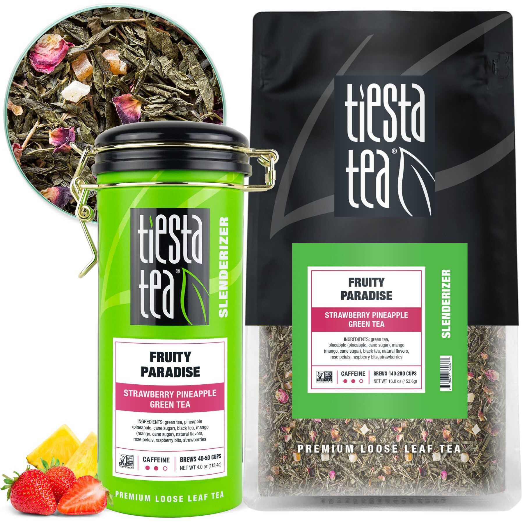 Tiesta Tea - Fruity Paradise - Strawberry Pineapple Green Tea - Premium Loose Leaf Tea - Medium Caffeinated Green Tea - Make Hot Or Iced Tea, Up To 250 Cups - 16Oz Bulk Pouch & 4Oz Refillable Tin Combo