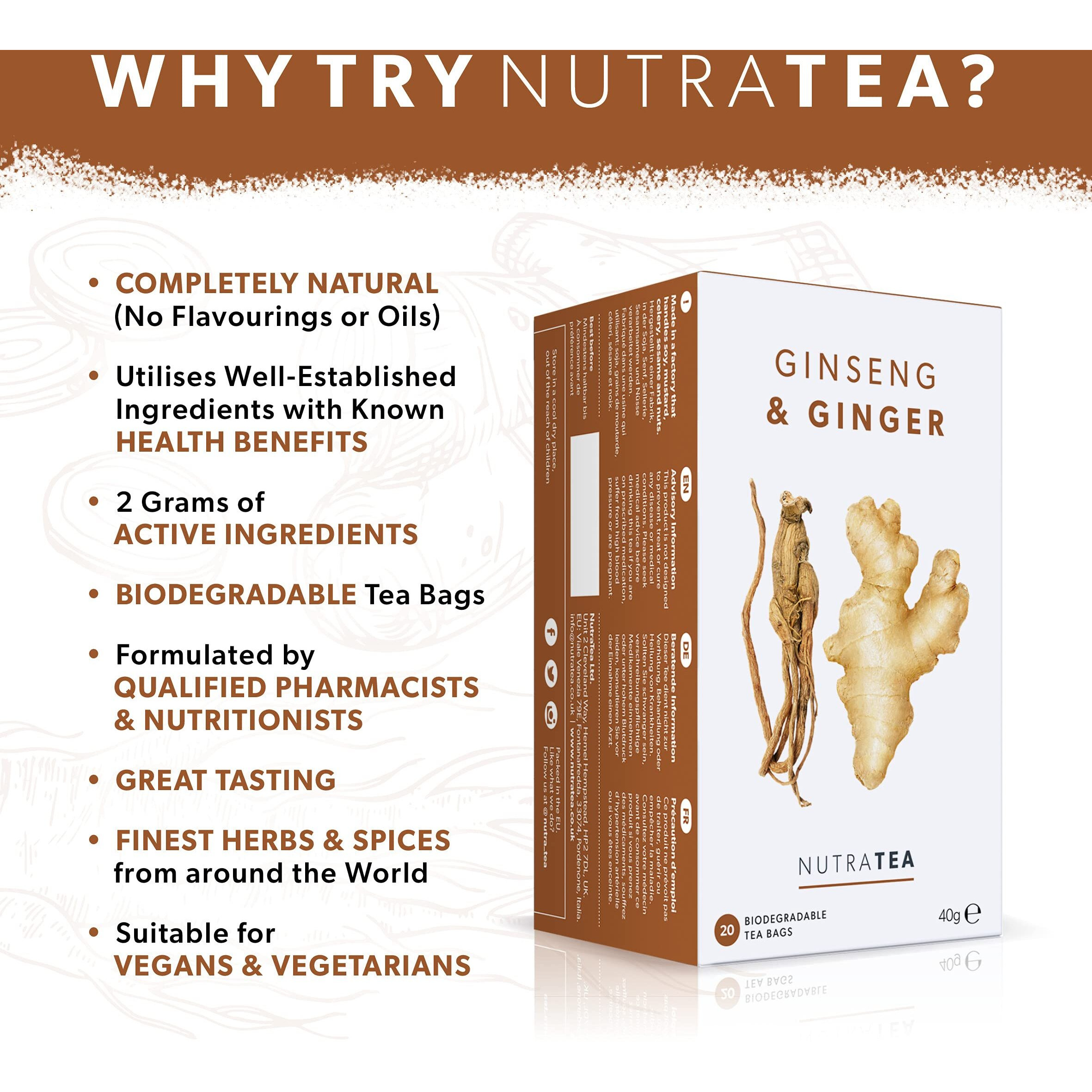 Nutra Tea - Ginger & Ginseng Tea - 40 Tea Bags - Herbal Tea - (2 Pack)
