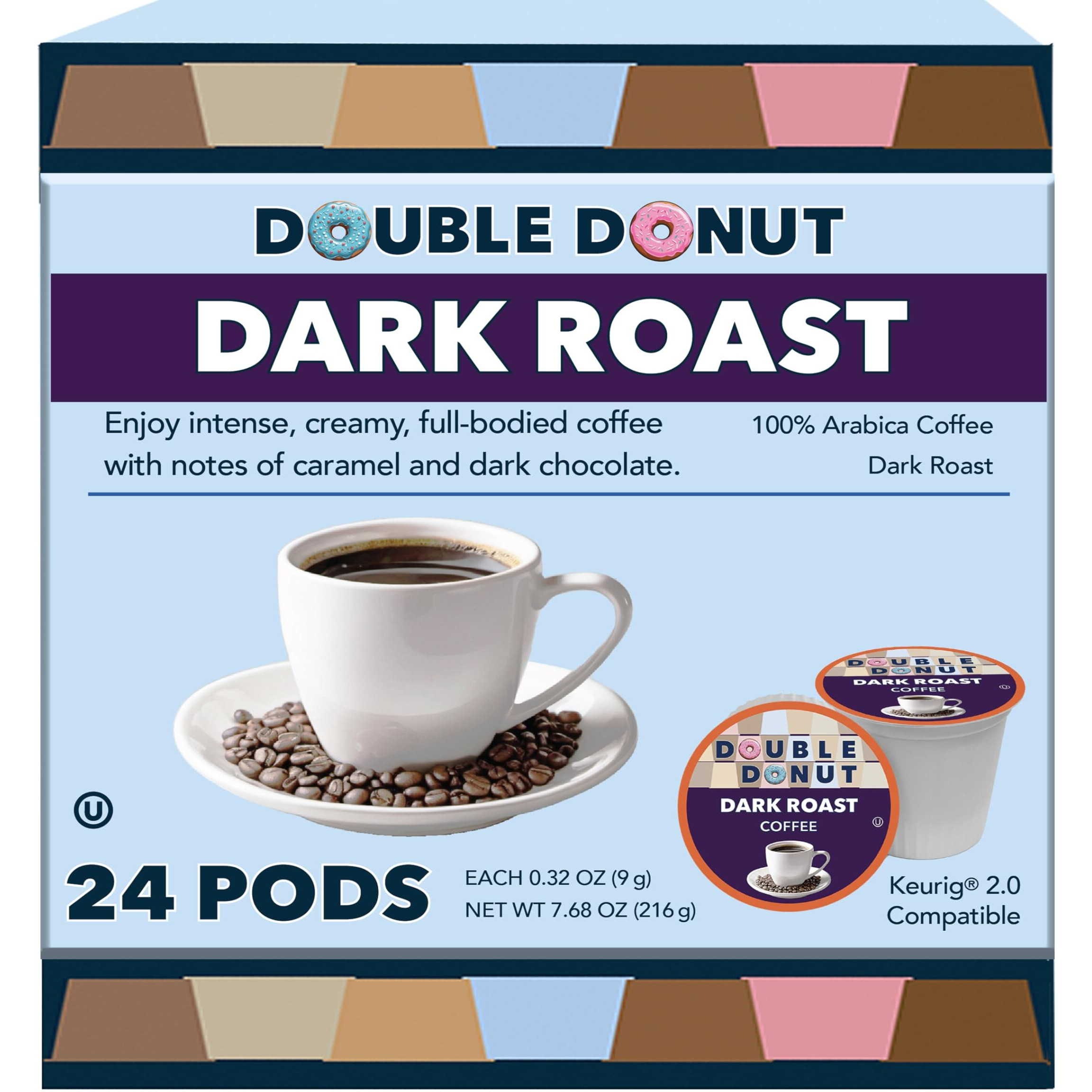 Double Donut Dark Roast Coffee Pods, Extra Bold Blend Coffee, Single Serve Coffee For Keurig K Cups Machines, Dark Roast Coffee In Recyclable Pods, 24 Count