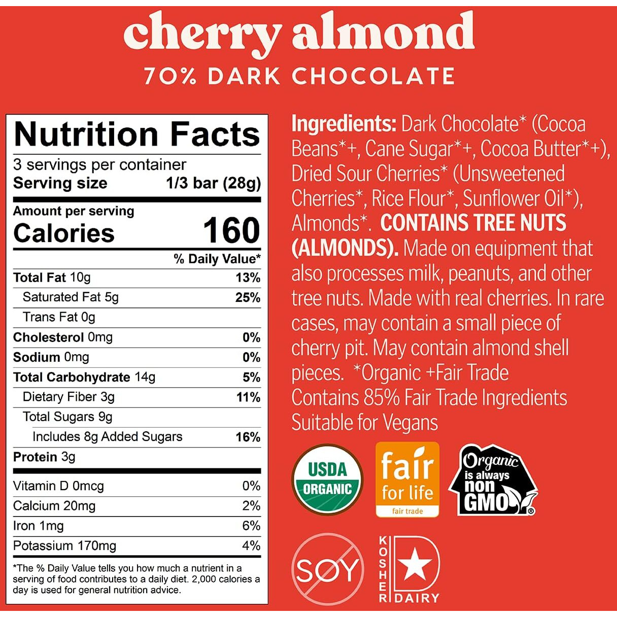 Theo Chocolate Cherry Almond Organic Dark Chocolate Bar, 70% Cacao, 12 Pack | Vegan, Fair Trade