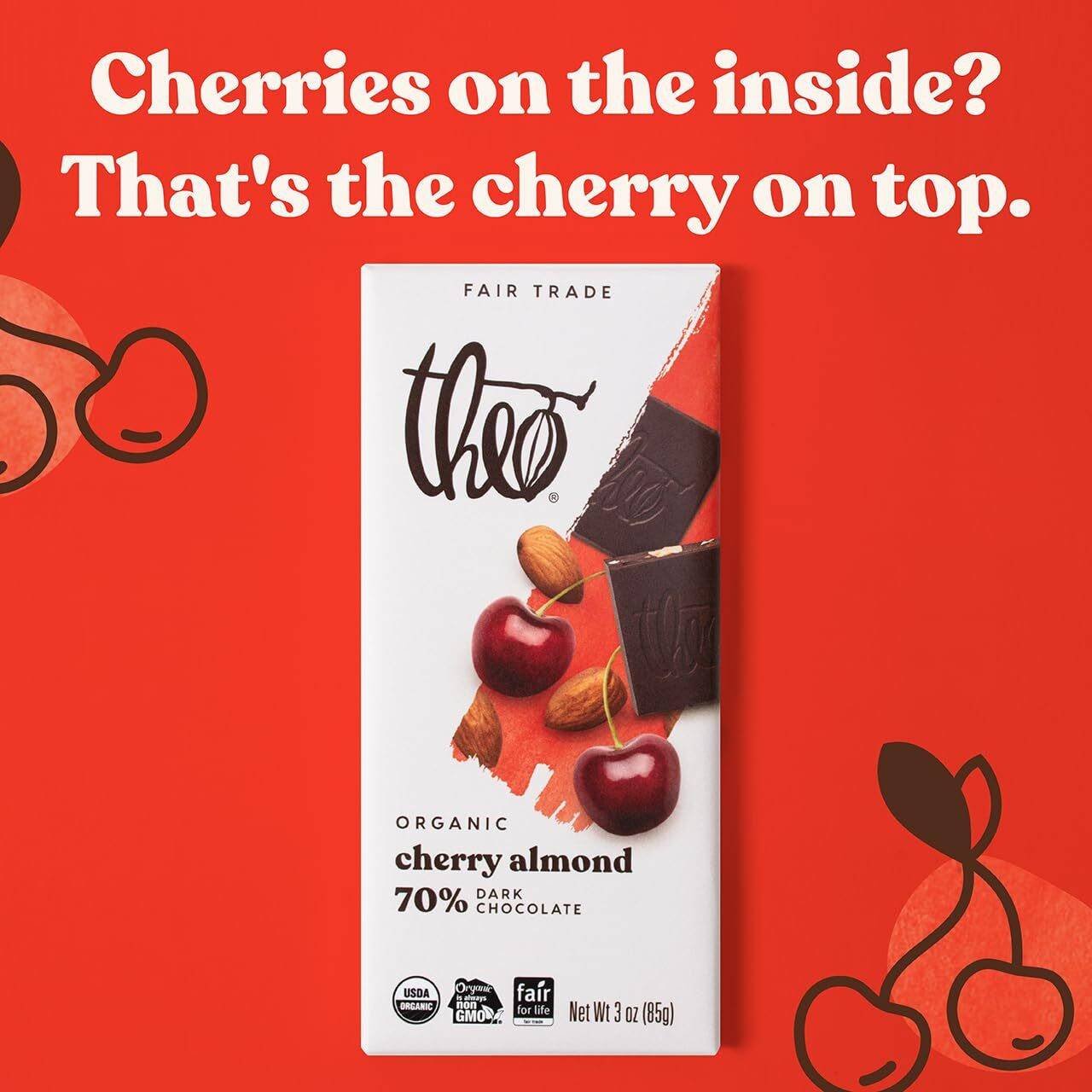 Theo Chocolate Cherry Almond Organic Dark Chocolate Bar, 70% Cacao, 12 Pack | Vegan, Fair Trade