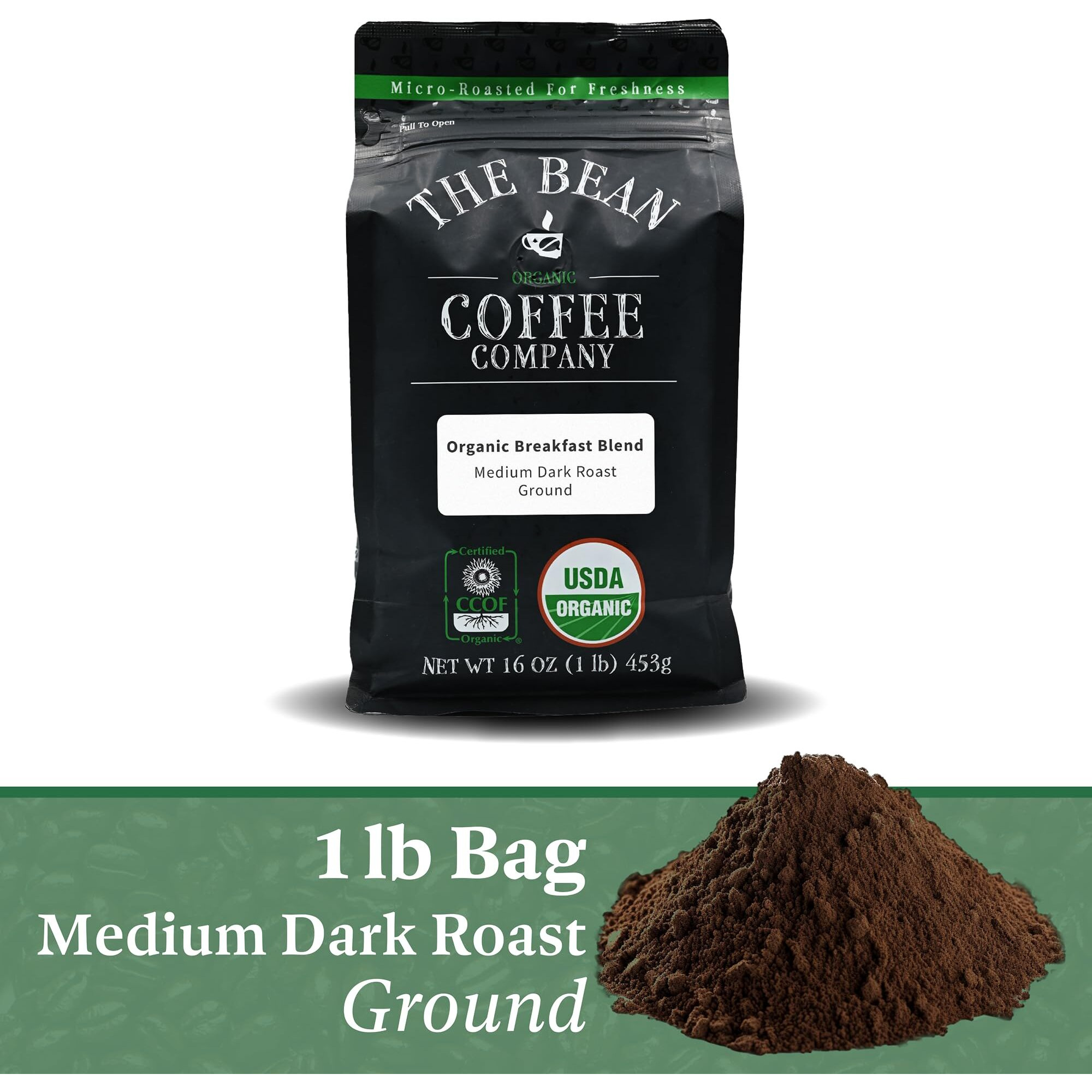 The Bean Organic Coffee Company Breakfast Blend, Medium Dark Roast, Ground Coffee, 16-Ounce Bag, Caf   Molido Tostado Org  Nico