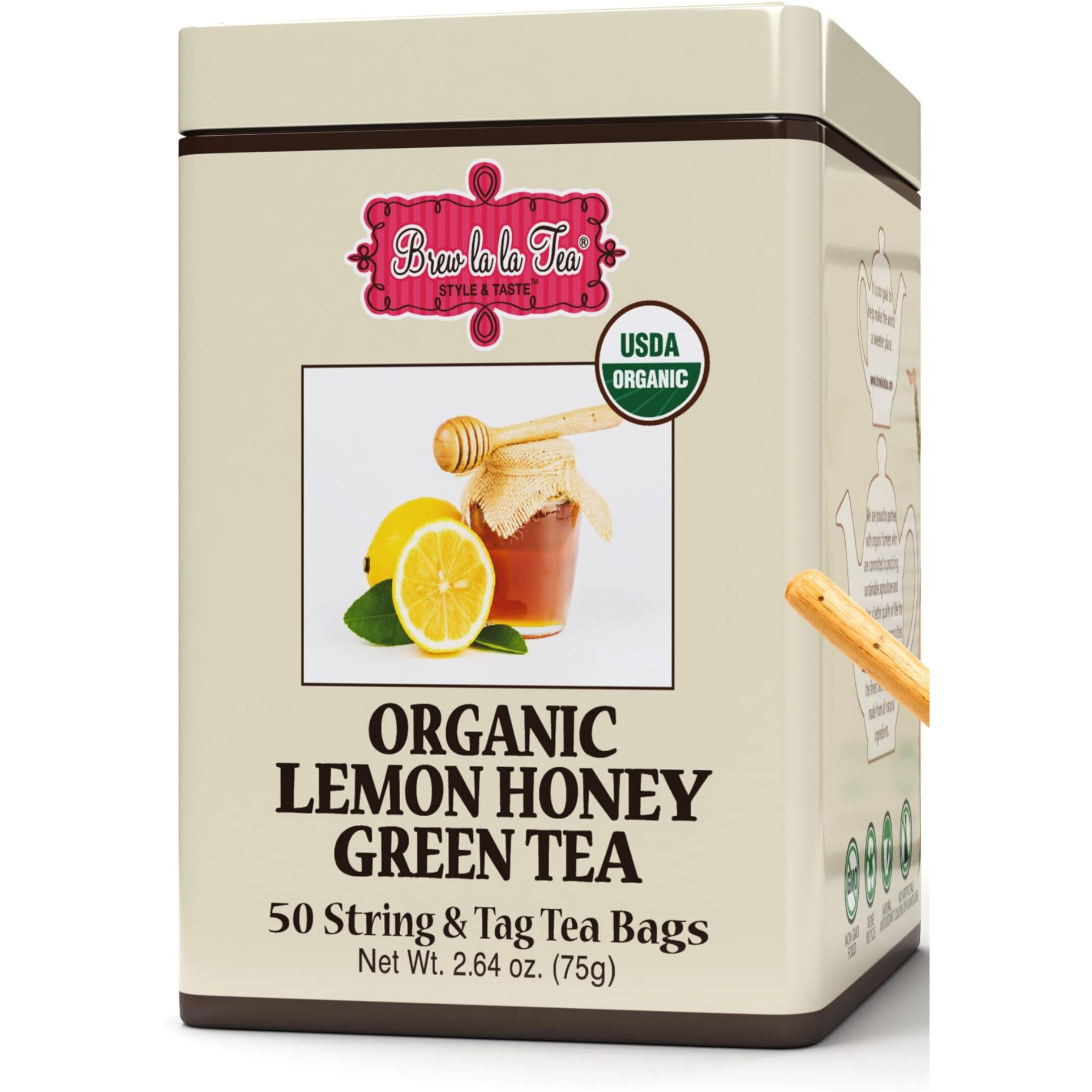 Brew La La Organic Green Tea -Lemon Honey Flavor - 50 Tea Bag Tin - Low Caffeine - Usda Certified Organic - Double Chambered Teabags