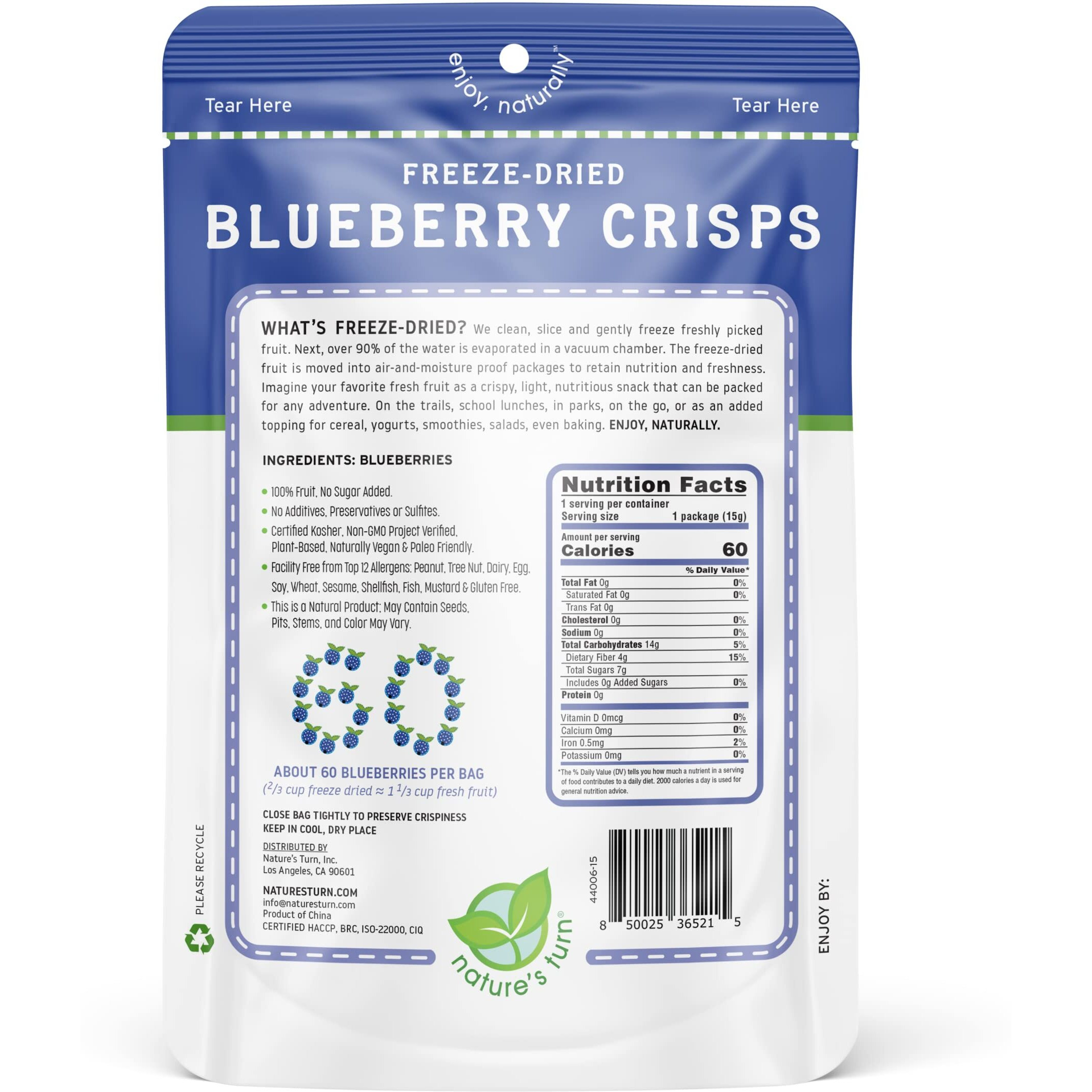Natures Turn Freeze-Dried Fruit Snacks, Blueberry Crisps, Pack Of 12 (0.53 Oz Each)