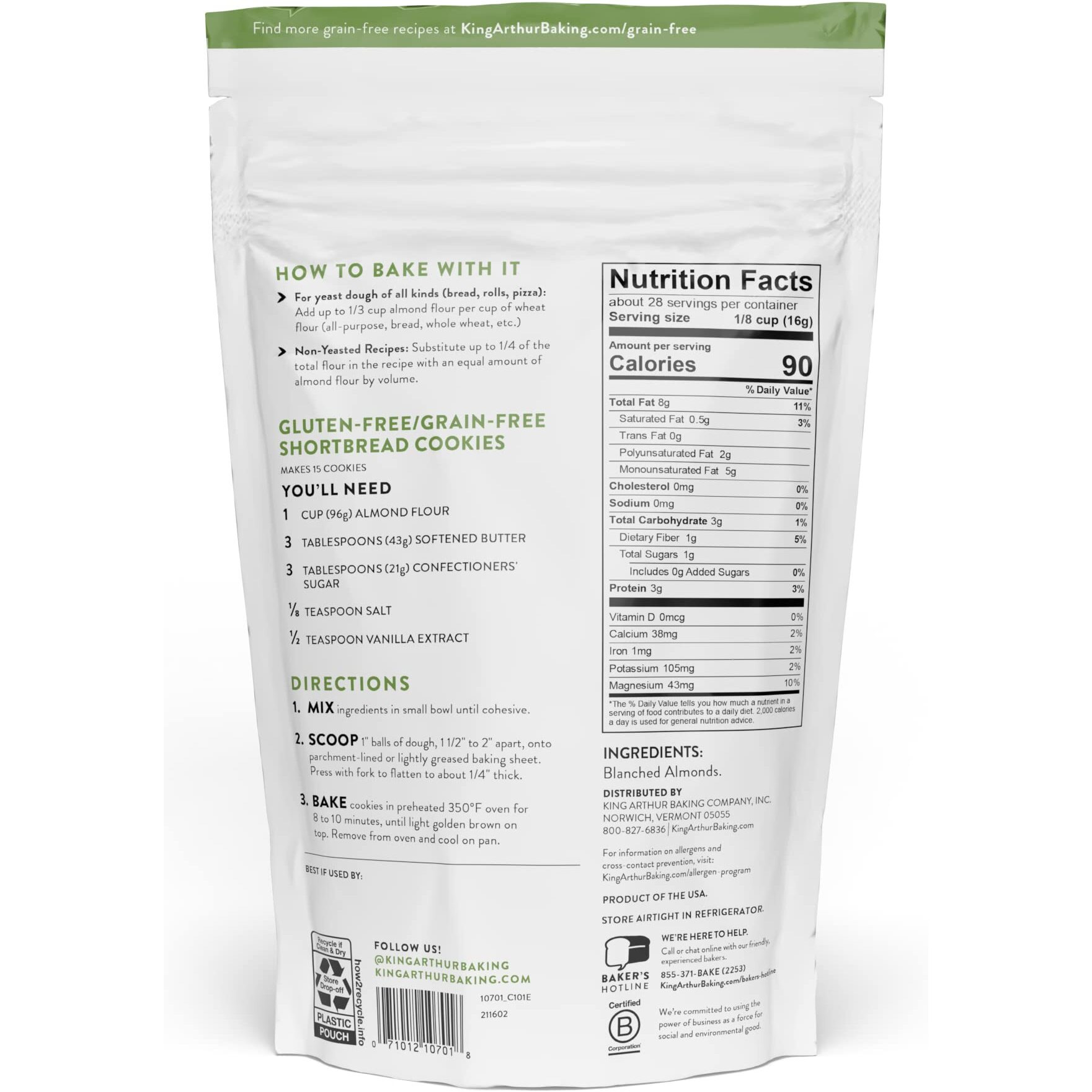 King Arthur, Almond Flour, Certified Gluten-Free, Non-Gmo Project Verified, Certified Kosher, Finely Ground, 16 Ounces (Pack Of 4)