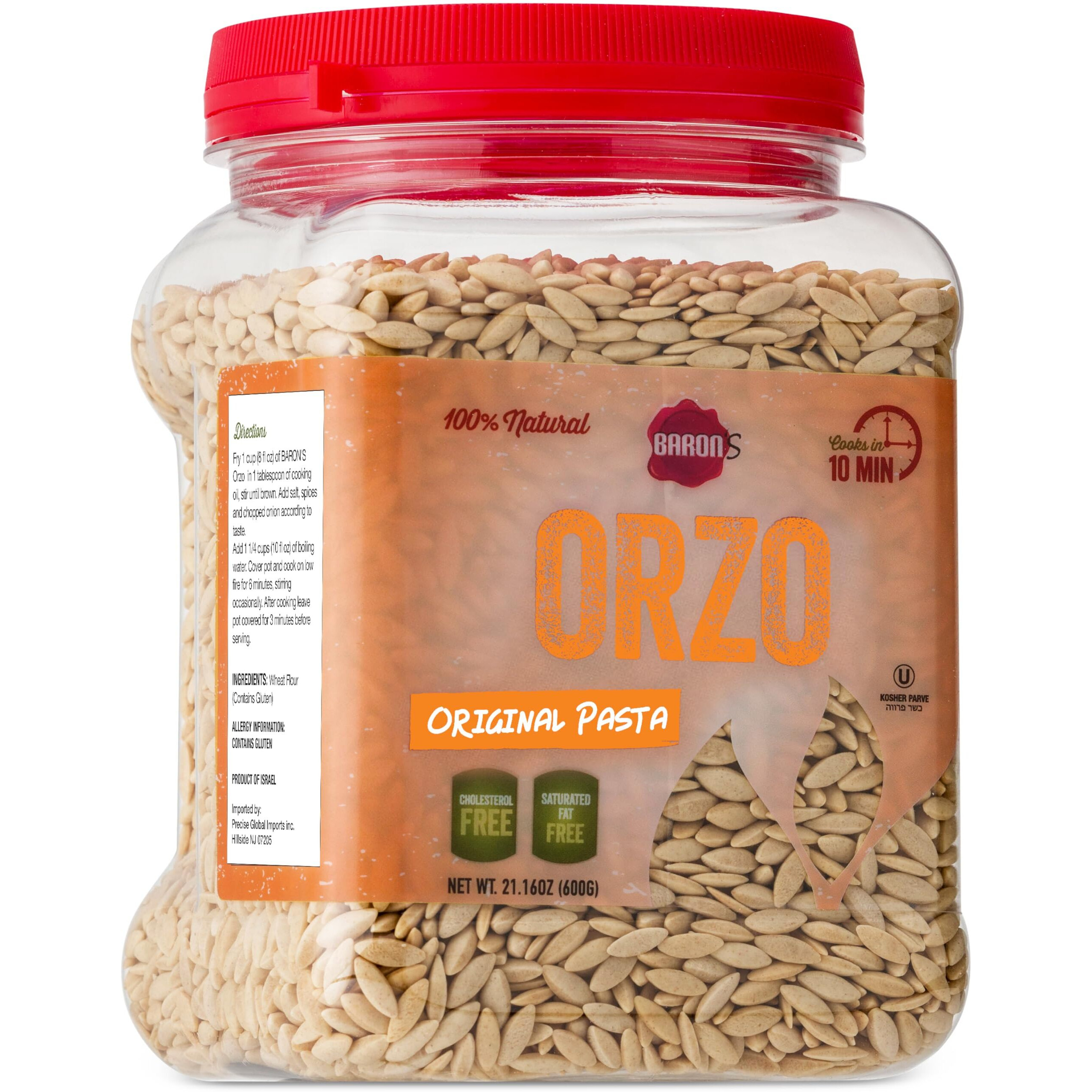 Barons Orzo Pasta Original | 1 Pack Of 21.16Oz Kosher Jars | Natural Israeli Rice-Shaped Orzo For Soups, Casseroles & Salads | Cooks In 10 Minutes For Creamy & Delicious Risottos Or Rice Pilaf