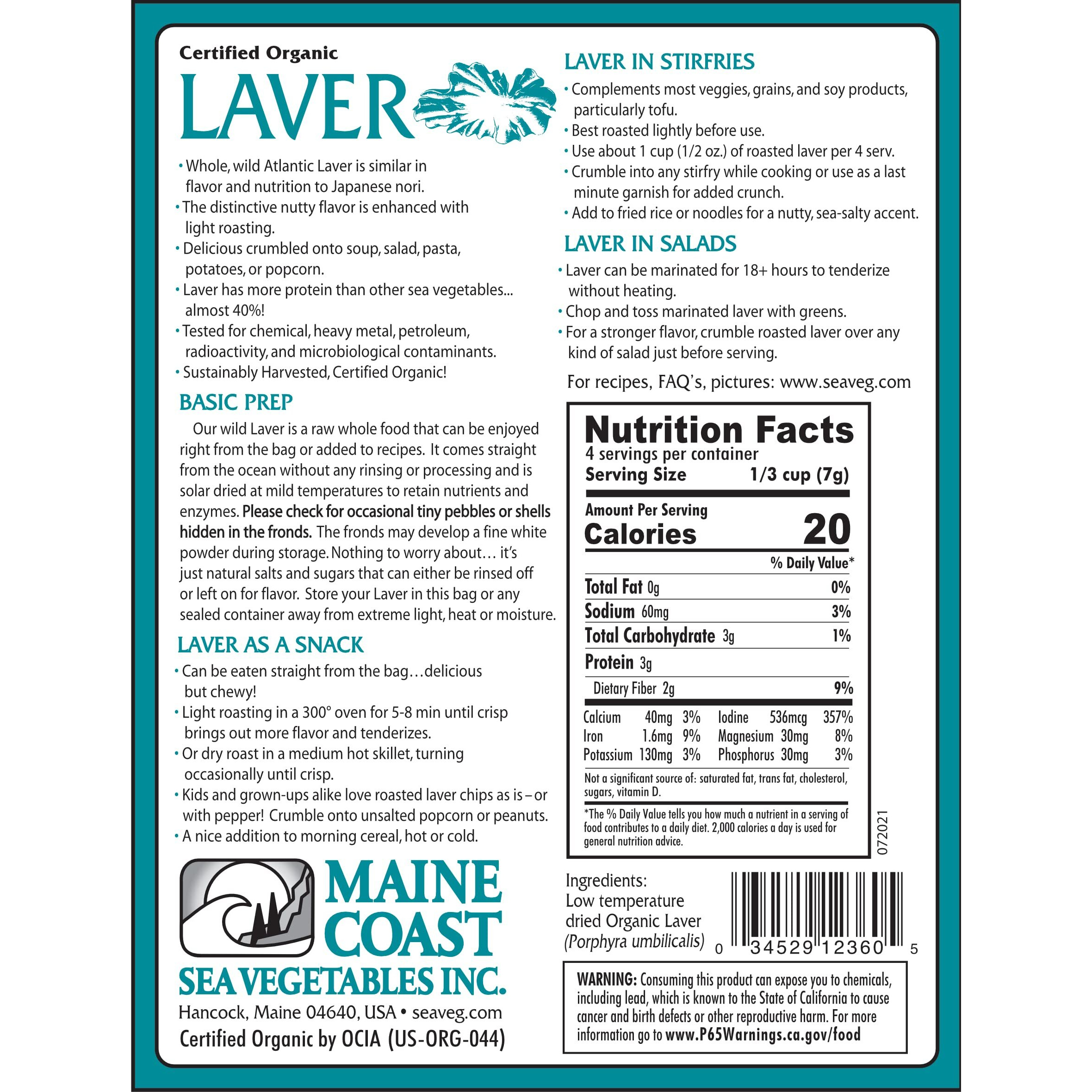 Maine Coast Sea Vegetables - Laver Whole Leaf Seaweed - 1 Oz Bag - Wild Atlantic Nori - Organic