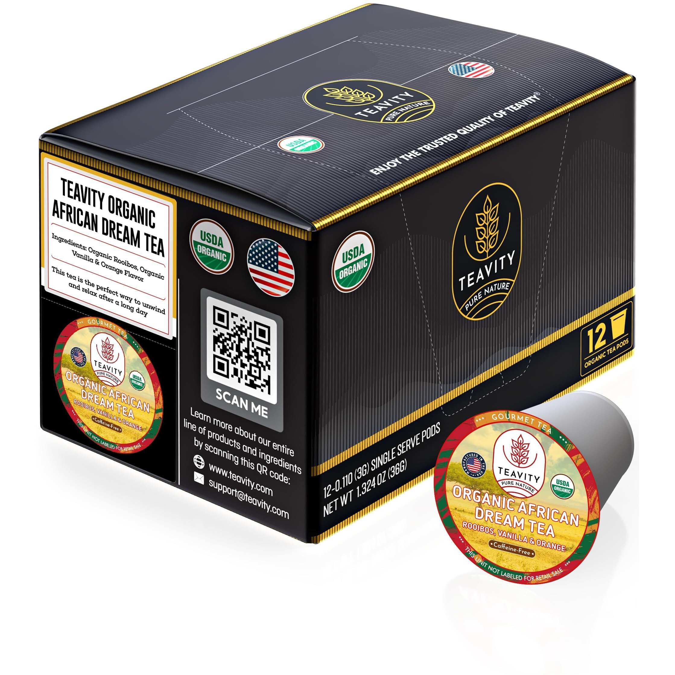 Organic Rooibos Tea Pods With Vanilla & Orange - Naturally Decaf Tea - African Dream By Teavity (12 Tea Pods)