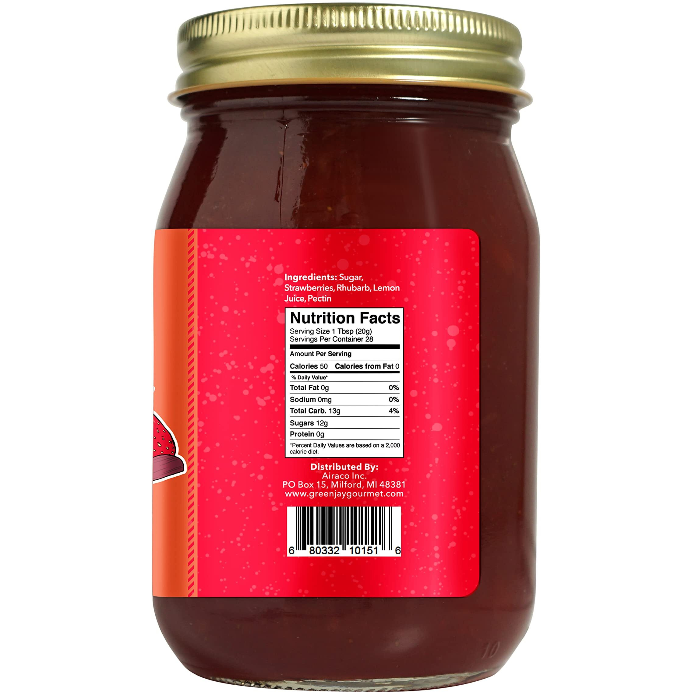 Green Jay Gourmet Strawberry Rhubarb Jam - All-Natural Fruit Jam With Strawberries, Rhubarb & Lemon Juice - Vegan, Gluten-Free Strawberry Jam - Contains No Preservatives - Made In Usa - 2 X 20 Ounces