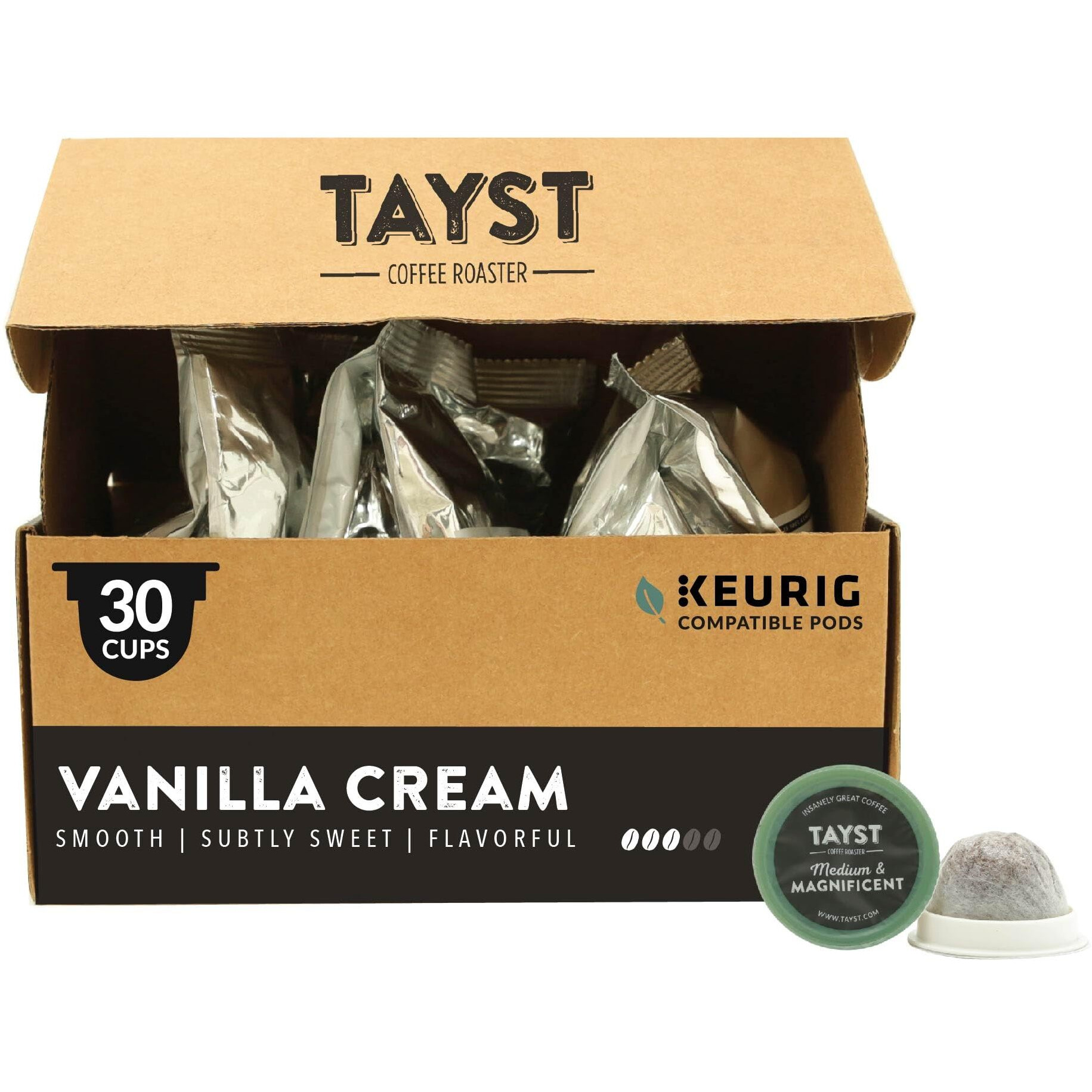 Tayst Coffee Pods, Vanilla Cream Medium Roast, K Cups Compatible With Keurig Coffee Maker, Sustainable Single Serve, Pack Of 30