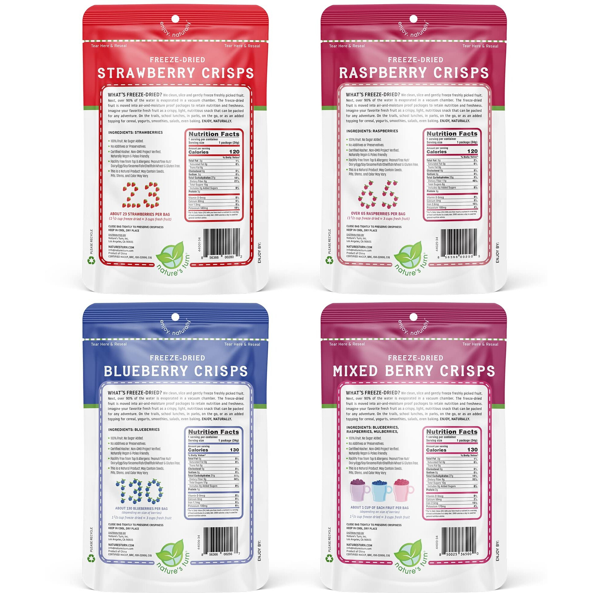 Nature's Turn Freeze-Dried Fruit Snacks, Very Berry Variety Crisps, Pack Of 4 (1.2 Oz Each)