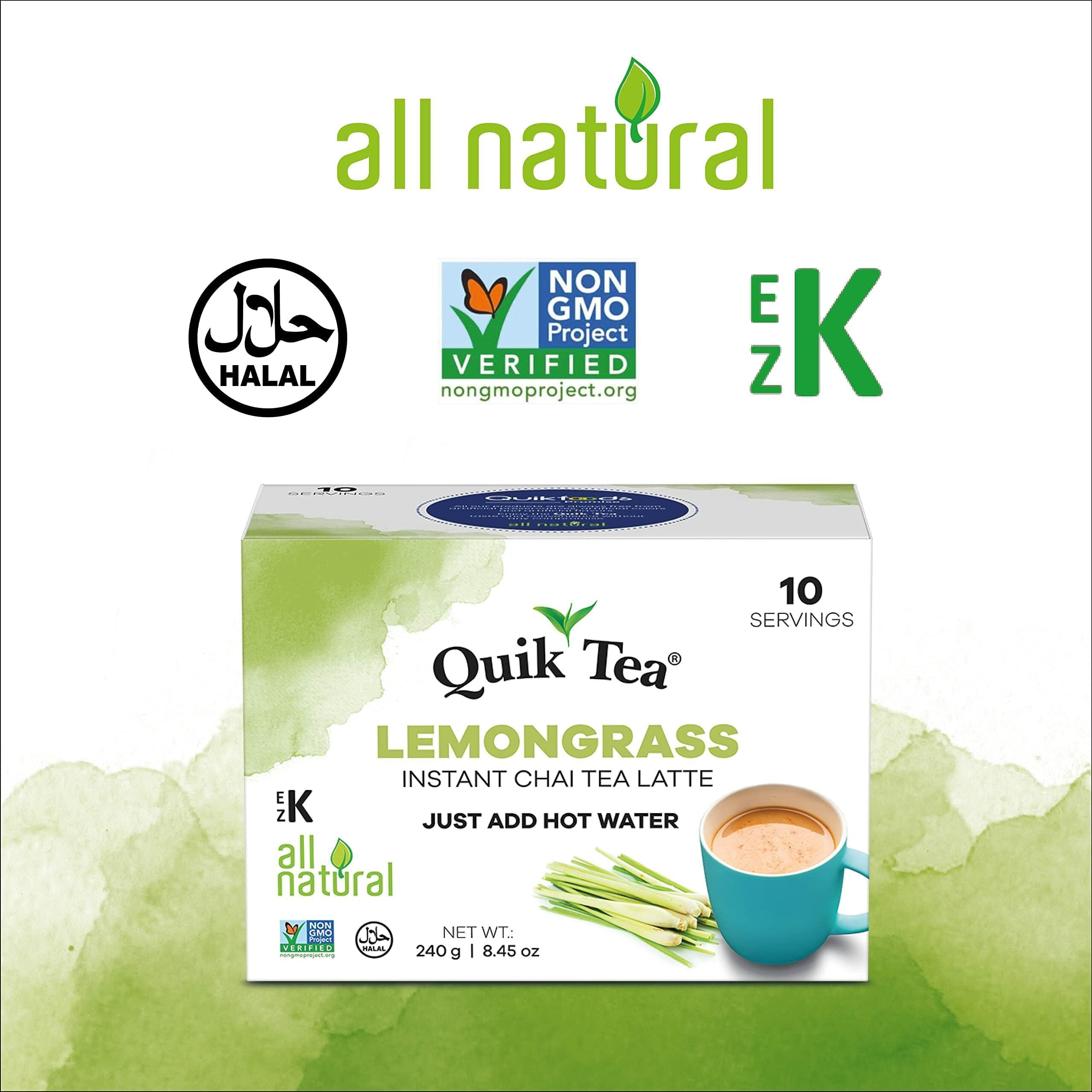 Quiktea Lemongrass Chai Tea Latte - 10 Count Single Box - All Natural Preservative Free Authentic Chai From Assam