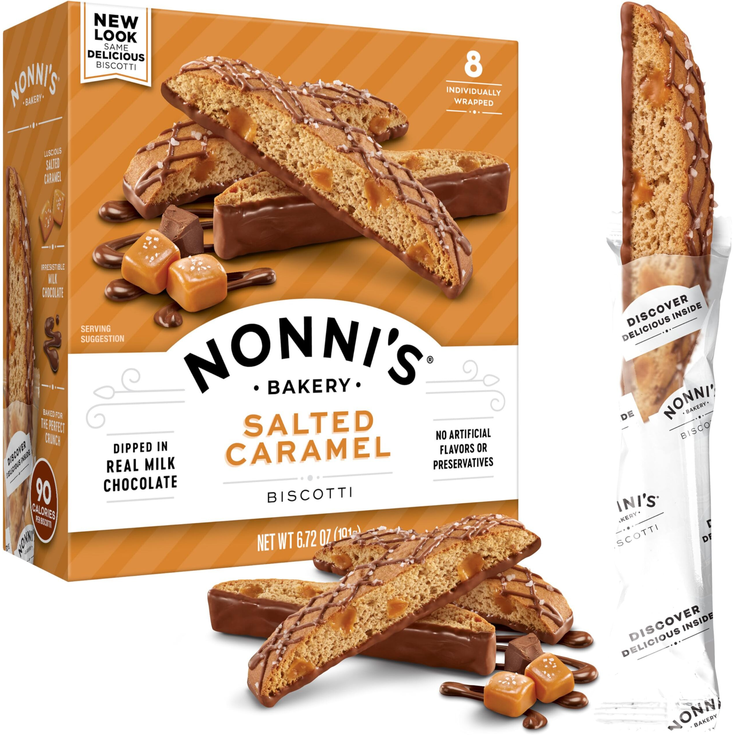 Nonni's Salted Caramel Biscotti Italian Cookies - Biscotti Individually Wrapped Cookies - Italian Biscotti Cookies W/Rich Milk Chocolate & Sea Salt - Kosher - 6.72 Oz