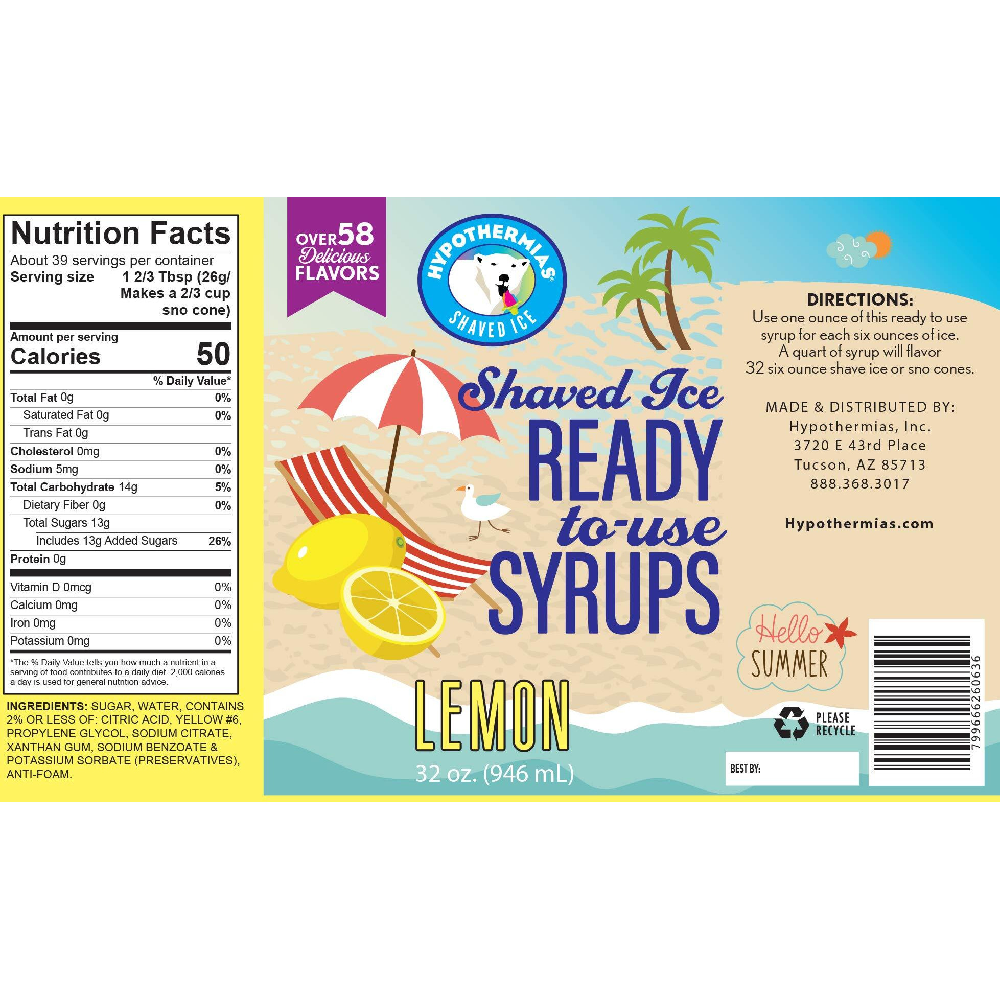 Hypothermias Hawaiian Snow Cone Syrup, Shaved Ice Flavor - Quart (32 Fl. Oz) - Lemon - Non-Gmo 100% Pure Cane Sugar, Bpa-Free Plastic Bottle, Ready To Use