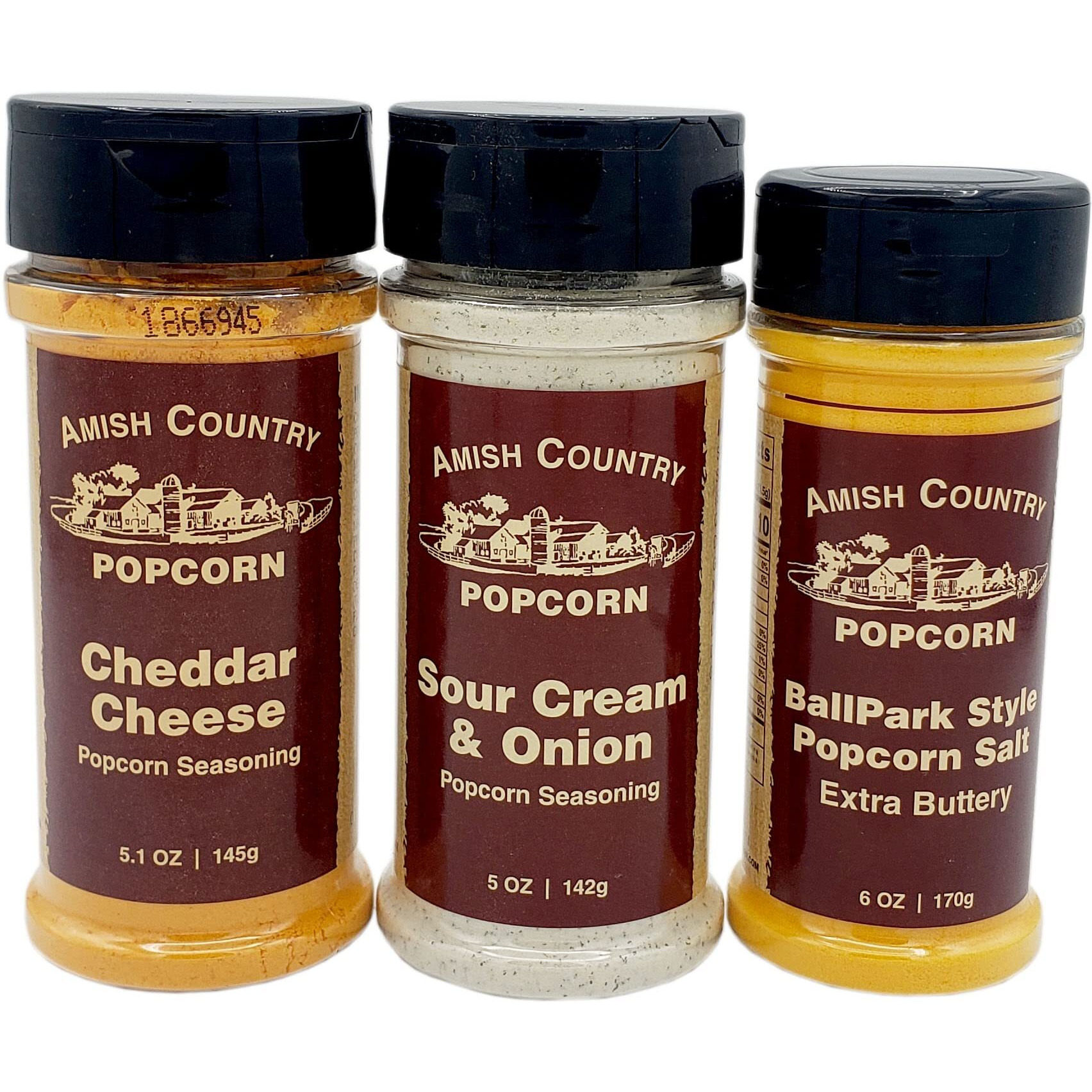 Amish Country Popcorn | Seasoning Variety Pack | 6 Oz Ballpark Style Buttersalt - 5.1 Oz Cheddar Cheese & 5 Oz Sour Cream And Onion Popcorn Seasoning