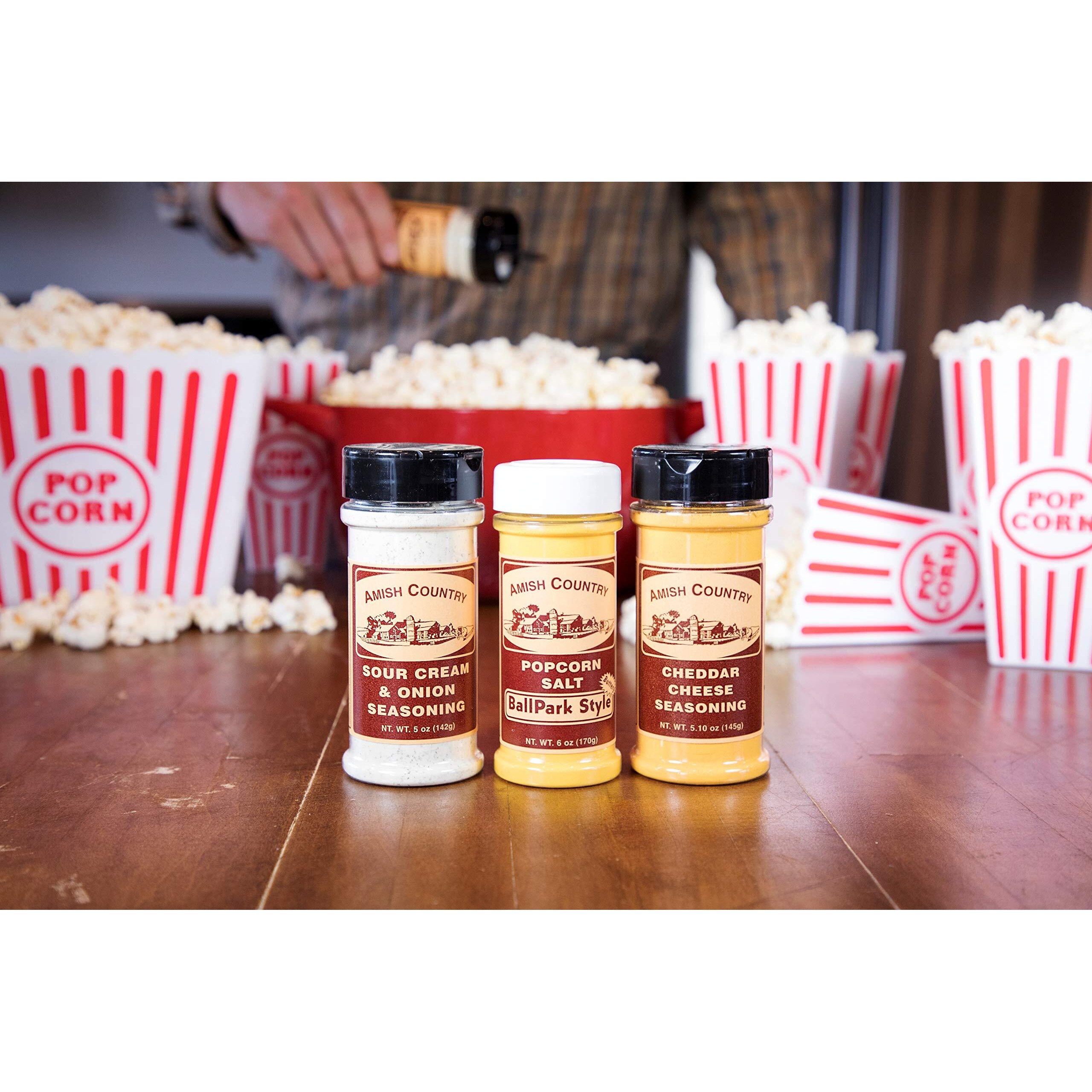 Amish Country Popcorn | Seasoning Variety Pack | 6 Oz Ballpark Style Buttersalt - 5.1 Oz Cheddar Cheese & 5 Oz Sour Cream And Onion Popcorn Seasoning