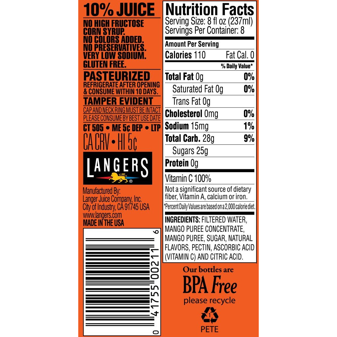 Langers Juice Cocktail, Mongo Mango, 64 Ounce (Pack Of 8)