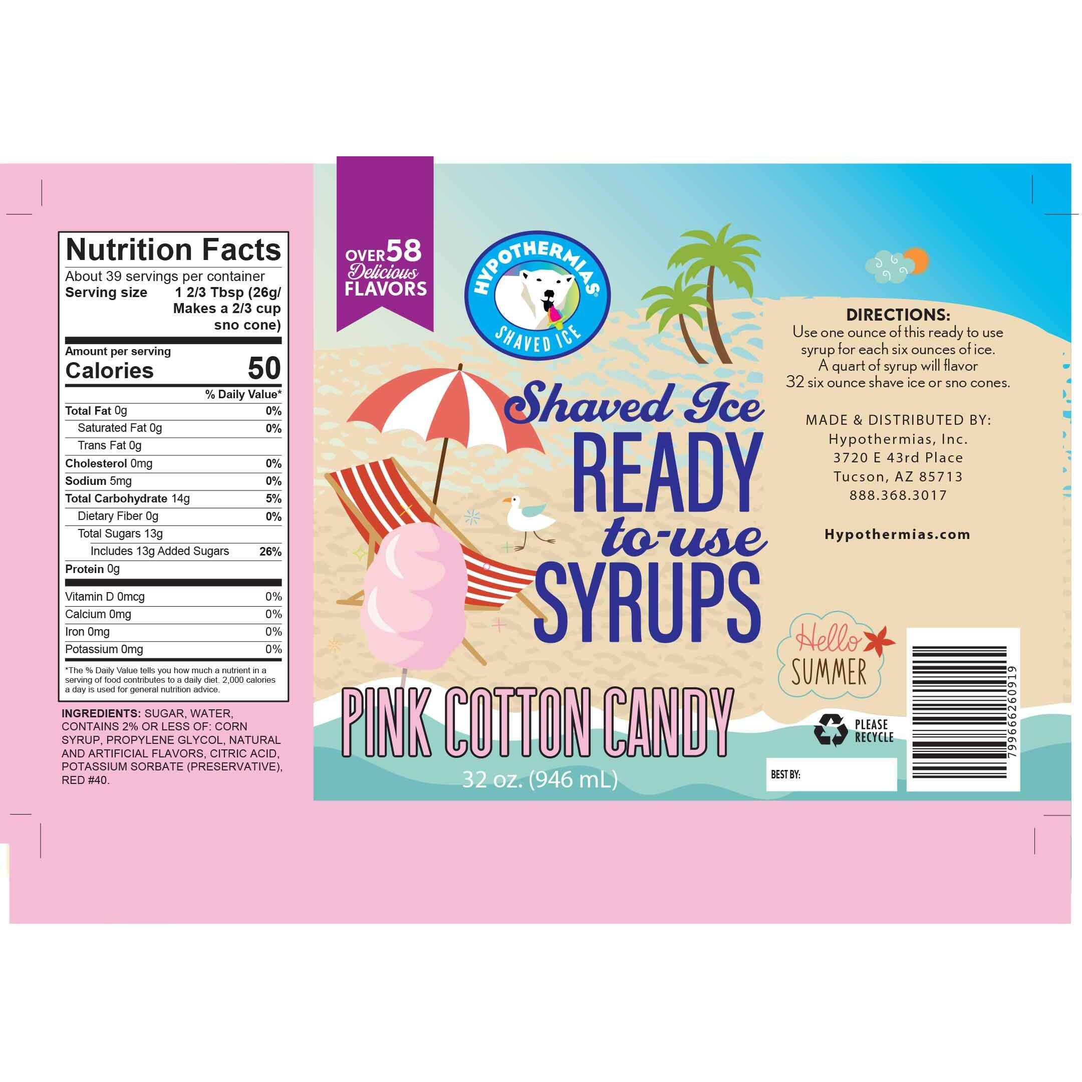 Hypothermias Shaved Ice & Snow Cone Syrup - Bpa-Free Recyclable Plastic Bottle Quart (32 Fl. Oz) - Pink Cotton Candy - Non-Gmo 100% Pure Cane Sugar, Ready To Use