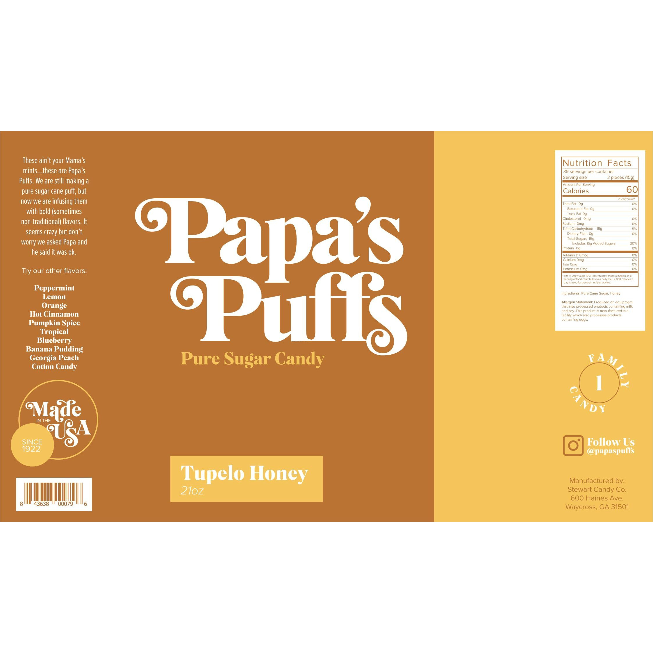 Papa's Puffs Tupelo Honey Flavored Pure Sugar Candy - Individually Wrapped In Resealable Tub - Fat-Free, Gluten-Free, Cholesterol-Free - Manufactured In The Usa