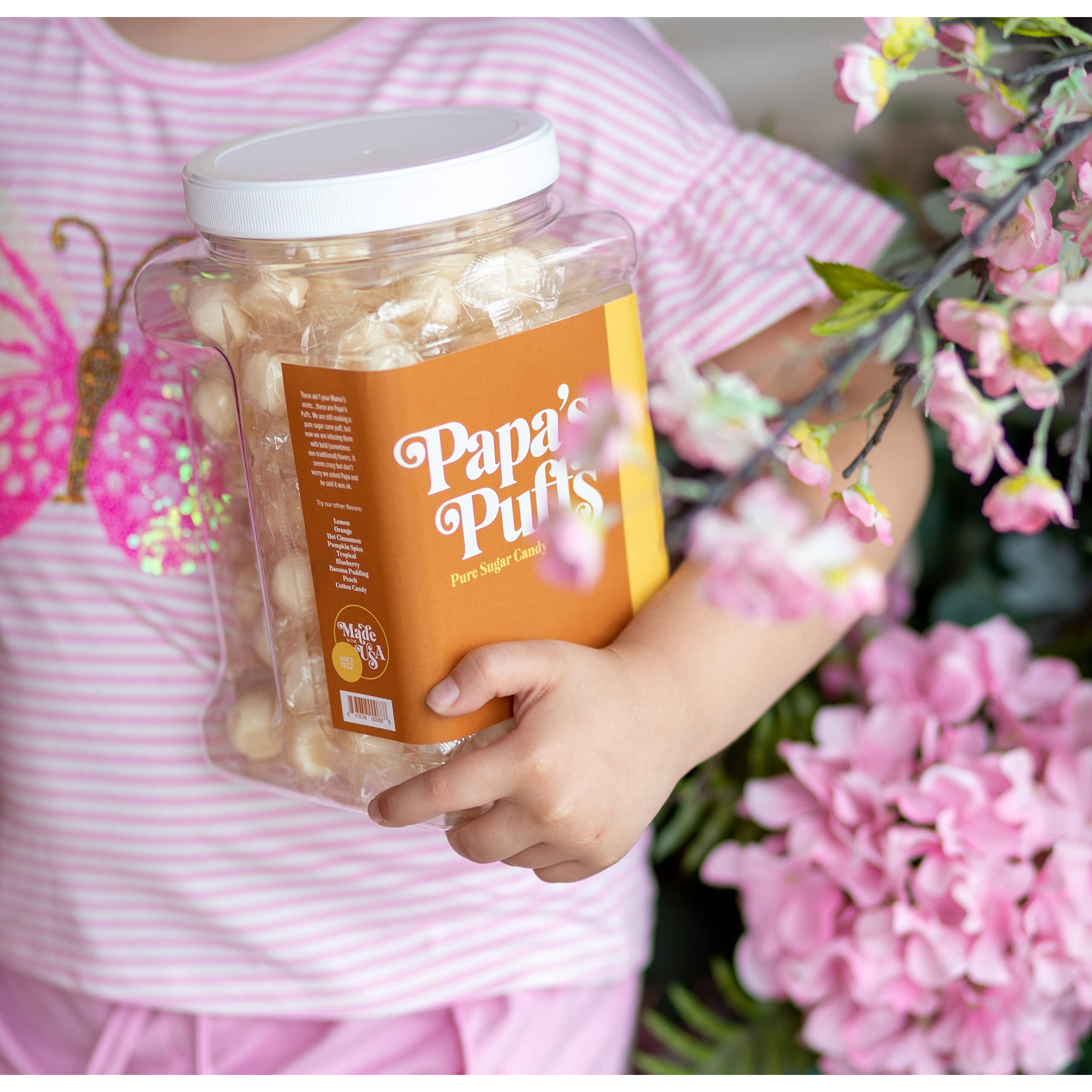 Papa's Puffs Tupelo Honey Flavored Pure Sugar Candy - Individually Wrapped In Resealable Tub - Fat-Free, Gluten-Free, Cholesterol-Free - Manufactured In The Usa