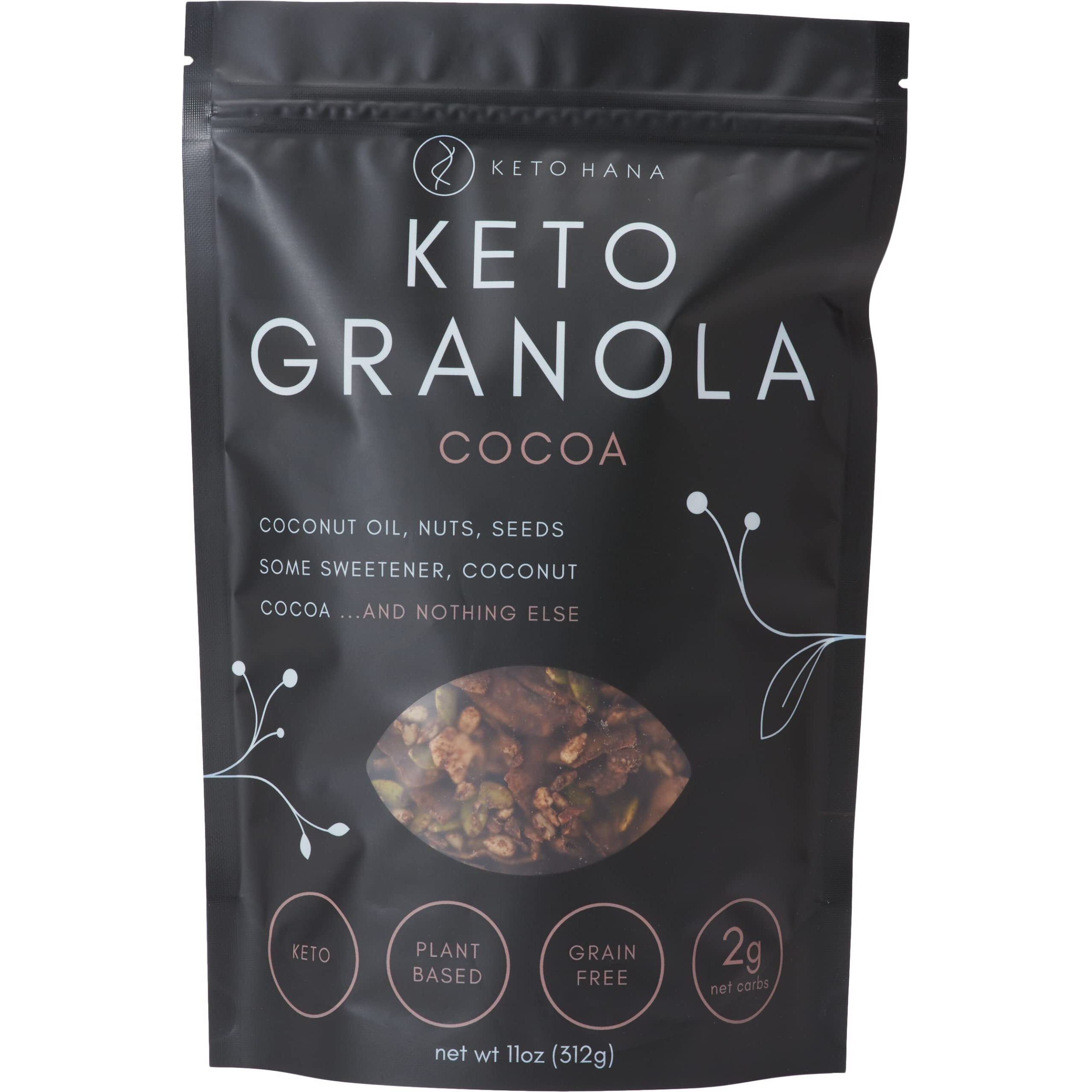 Keto Hana Keto Nut Granola (11Oz), Cocoa Flavored- Low Carb, Low Calorie, High Protein (2G Net Carbs)