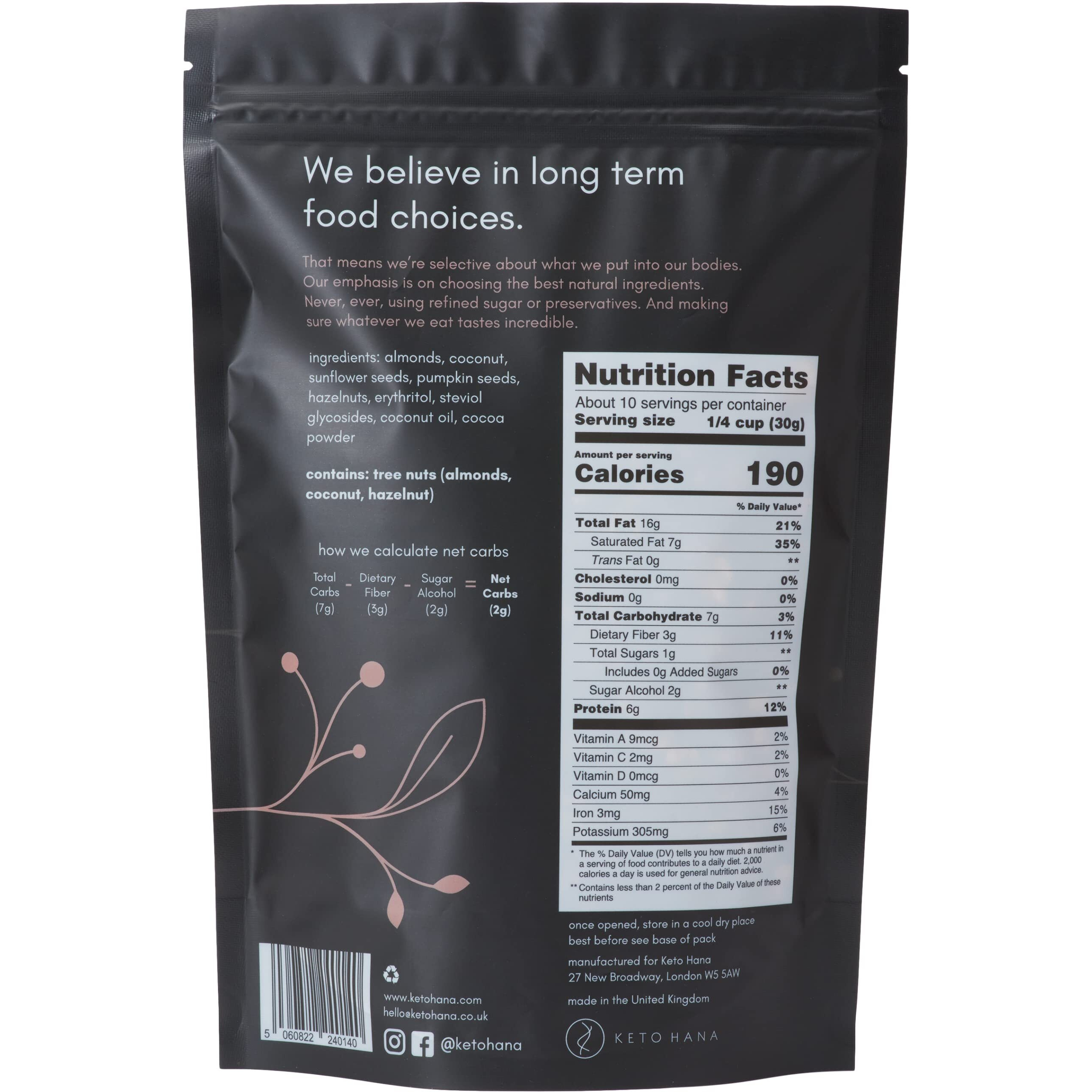 Keto Hana Keto Nut Granola (11Oz), Cocoa Flavored- Low Carb, Low Calorie, High Protein (2G Net Carbs)