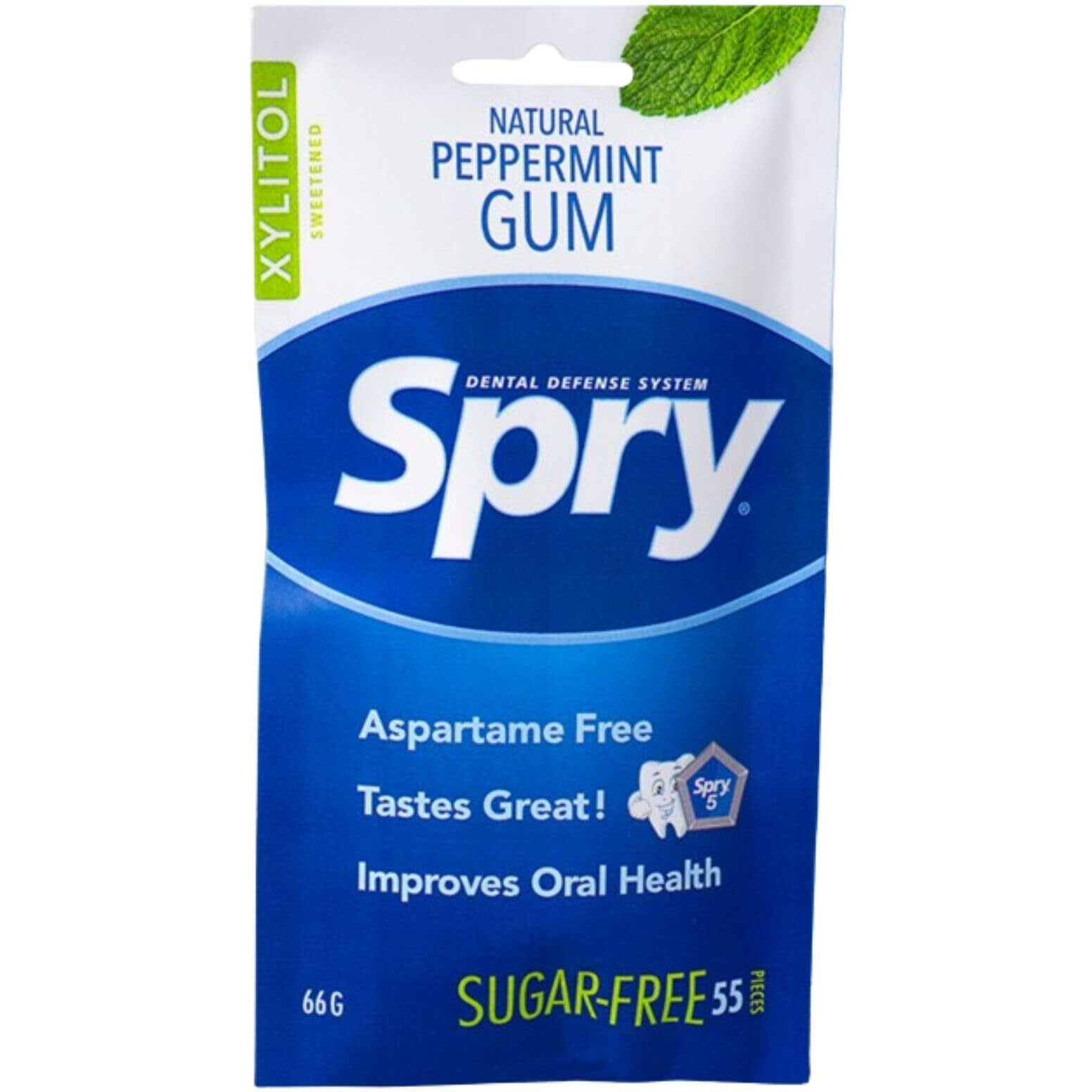 Spry On The Go Gum, Fresh Natural Xylitol Chewing Gum Dental Defense System Aspartame-Free Sugar Free Gum (Peppermint, 55 Count - Pack Of 1)