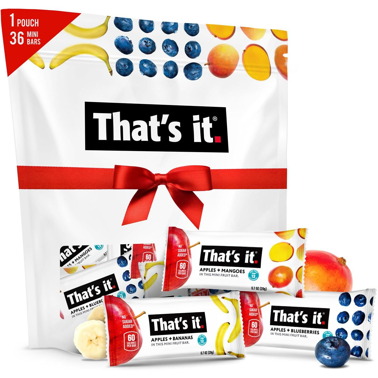 That's It. Mini Fruit Bars Gift Pouch (Variety 36 Count) No Sugar Added, Plant-Based, Vegan & Gluten Free, Paleo, Non Gmo, Fiber (12 Banana, 12 Blueberry, 12 Mango)