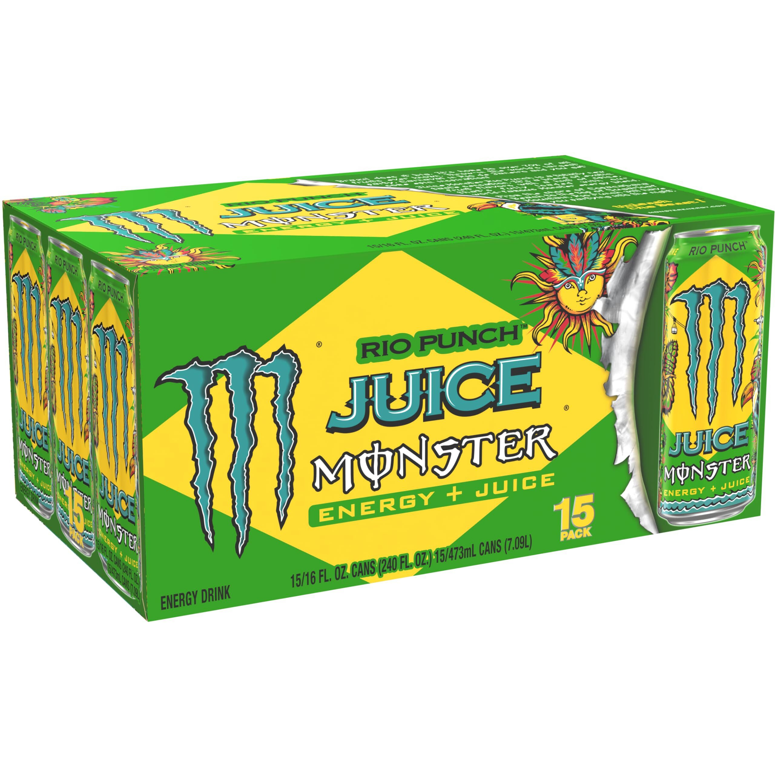 Monster Energy Juice Rio Punch, Energy + Juice, Energy Drink, 16 Ounce (Pack Of 15)