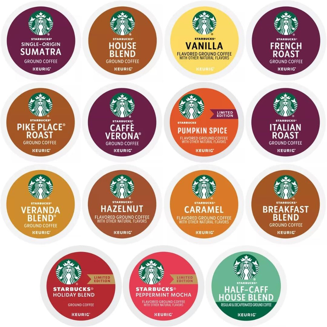 30 Count-Starbucks Variety Pack Sampler K-Cup Coffee Pods-Including Starbucks Blonde, Medium, Dark Roast, Flavored & Holiday Blend Coffee-For Keurig Brewers-1 Box (15 Unique Flavors)