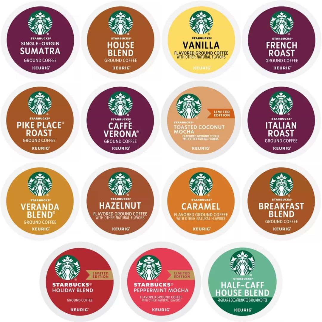 30 Count-Starbucks Variety Pack Sampler K-Cup Coffee Pods-Including Starbucks Blonde, Medium, Dark Roast, Flavored & Holiday Blend Coffee-For Keurig Brewers-1 Box (15 Unique Flavors)