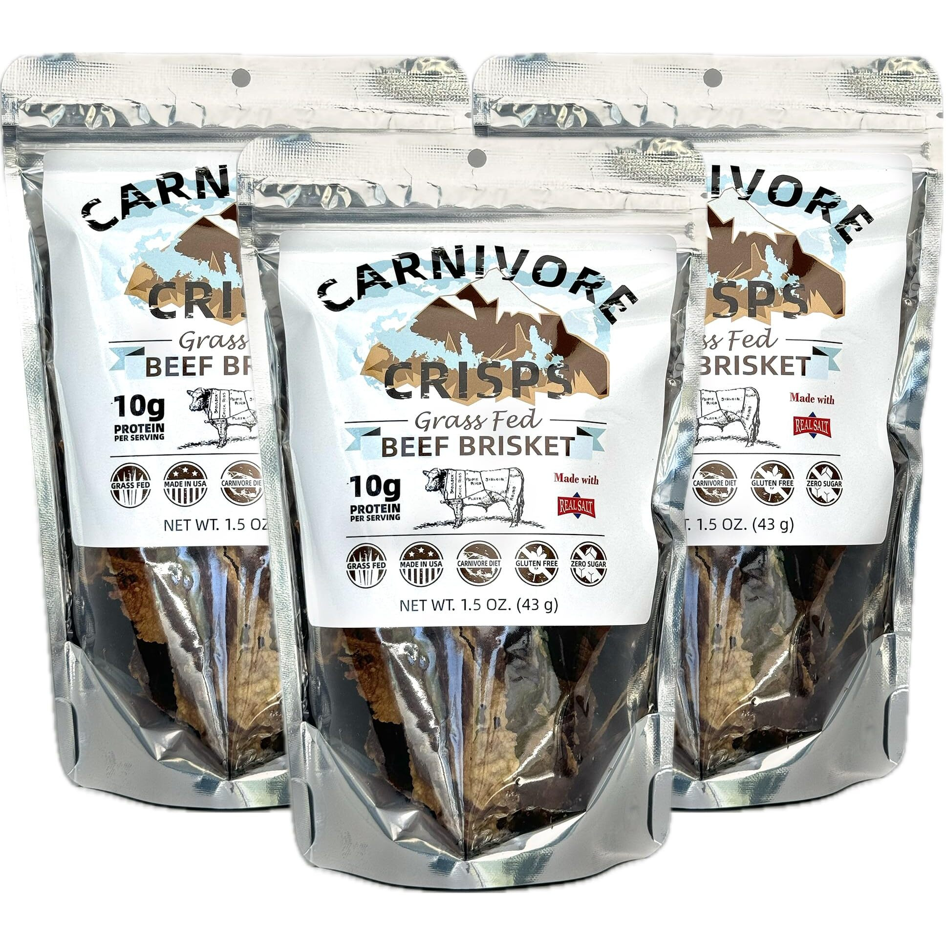 Carnivore Crisps, Grass-Fed And Finished Beef Brisket, Beef Crisps, High Protein, Keto & Carnivore Diet Approved, Gluten-Free, No Hormones, 1.5 Oz (Pack Of 3)