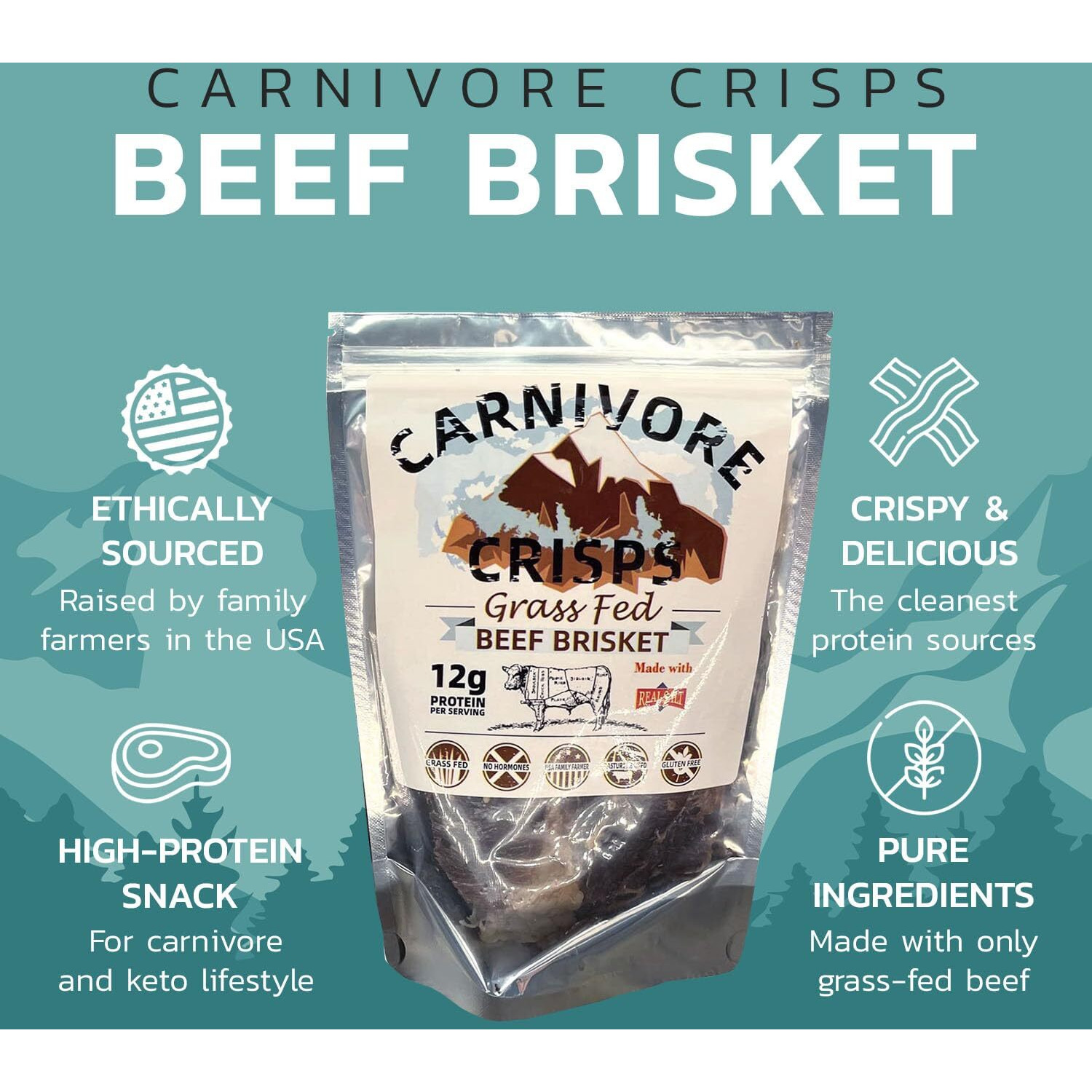 Carnivore Crisps, Grass-Fed And Finished Beef Brisket, Beef Crisps, High Protein, Keto & Carnivore Diet Approved, Gluten-Free, No Hormones, 1.5 Oz (Pack Of 3)